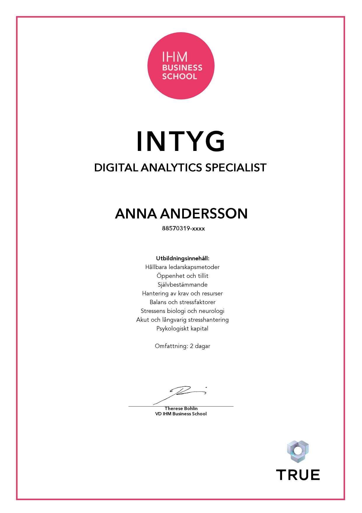 Exempel: diplom för Digital Analytics Specialist från IHM Business School