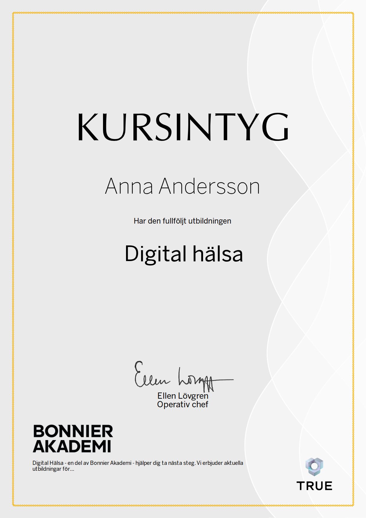 Exempel: diplom för Digital hälsa från Bonnier Akademi