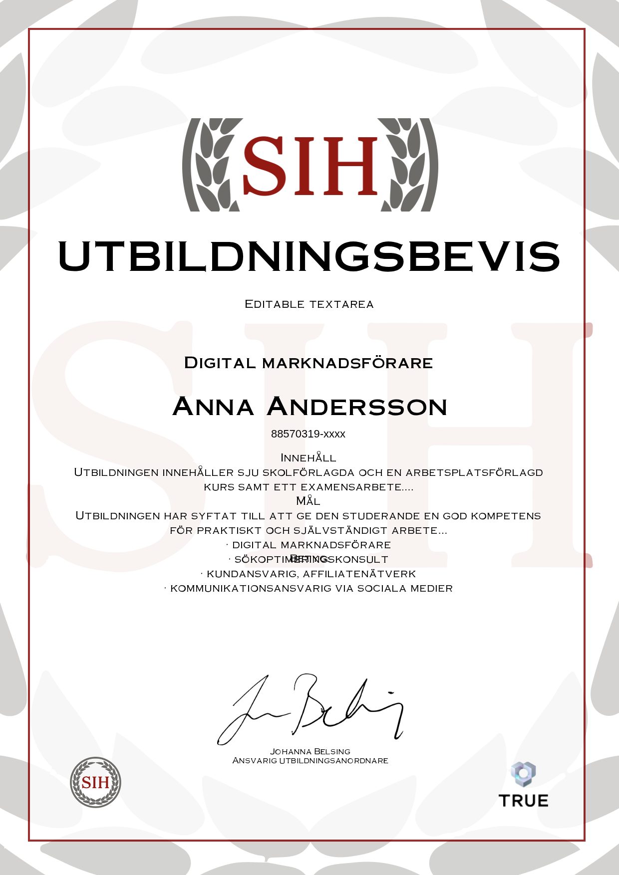 Exempel: diplom för Digital marknadsförare från SIH - Stockholms Internationella Handelsskola
