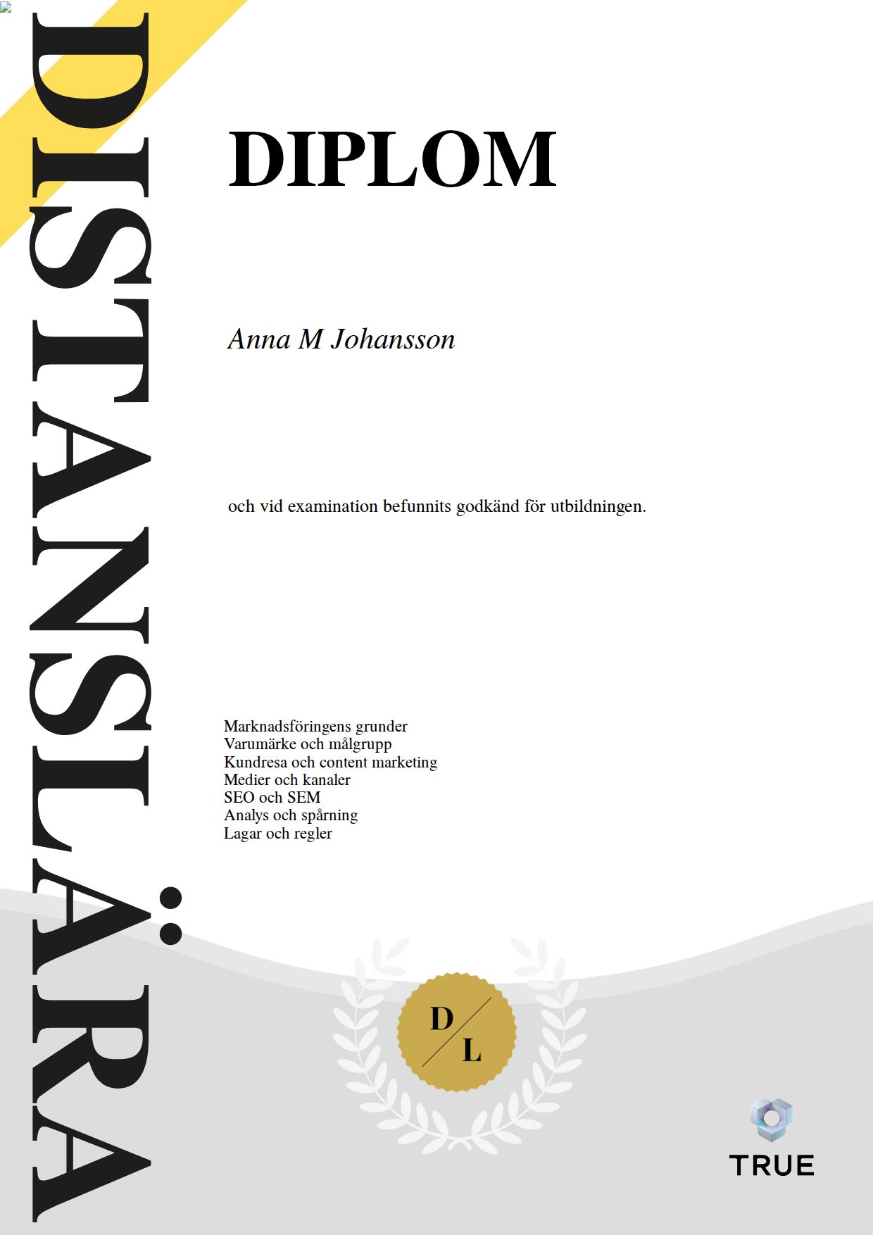 Example certificate for Certifierad Marknadsförare from Distanslära