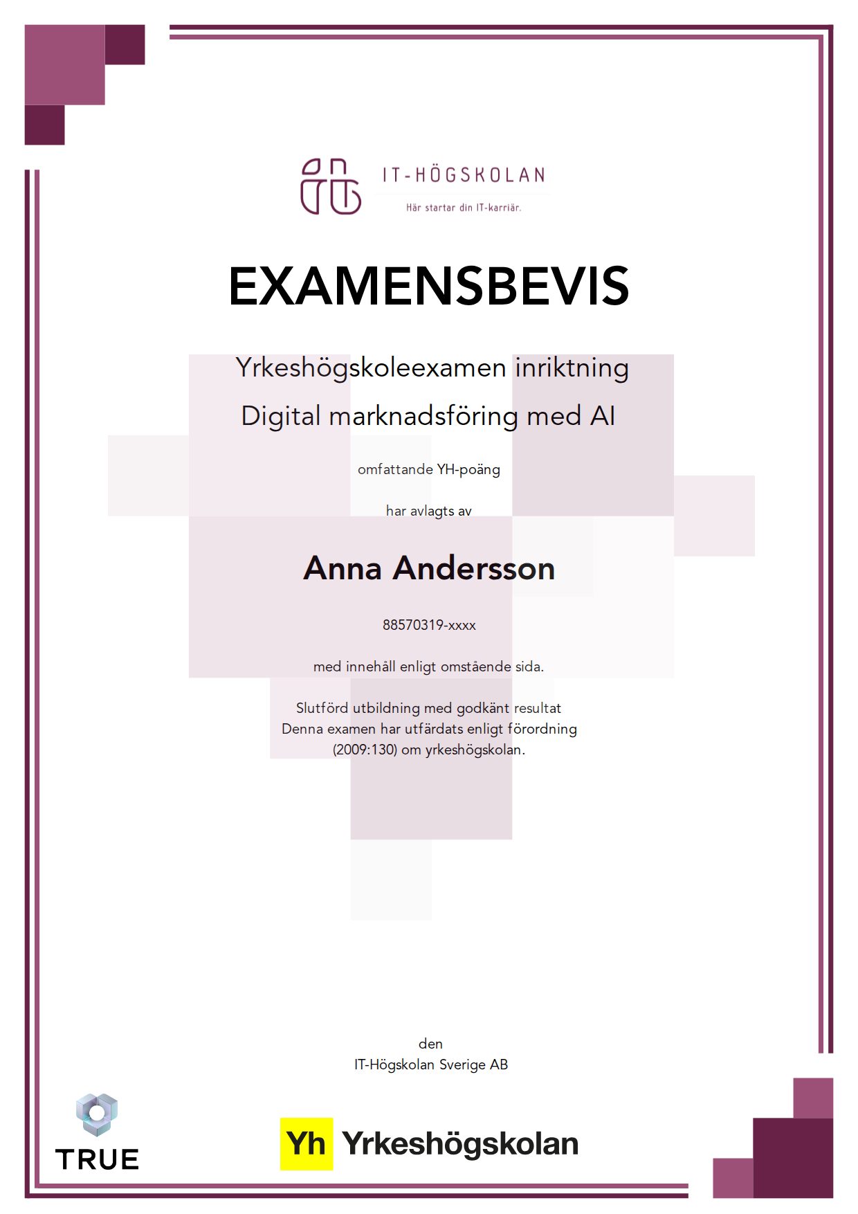 Exempel: diplom för Digital marknadsföring med AI från IT-Högskolan