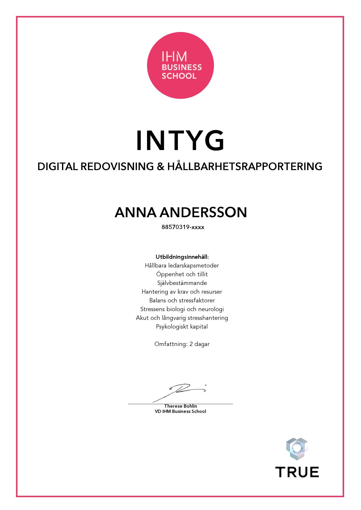 Exempel: diplom för Digital redovisning & hållbarhetsrapportering från IHM Business School