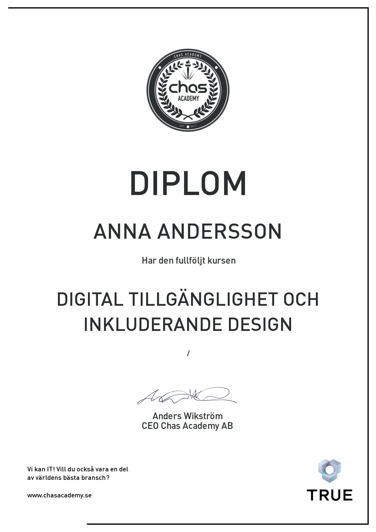 Exempel: diplom för Digital tillgänglighet och inkluderande design från Chas Academy AB