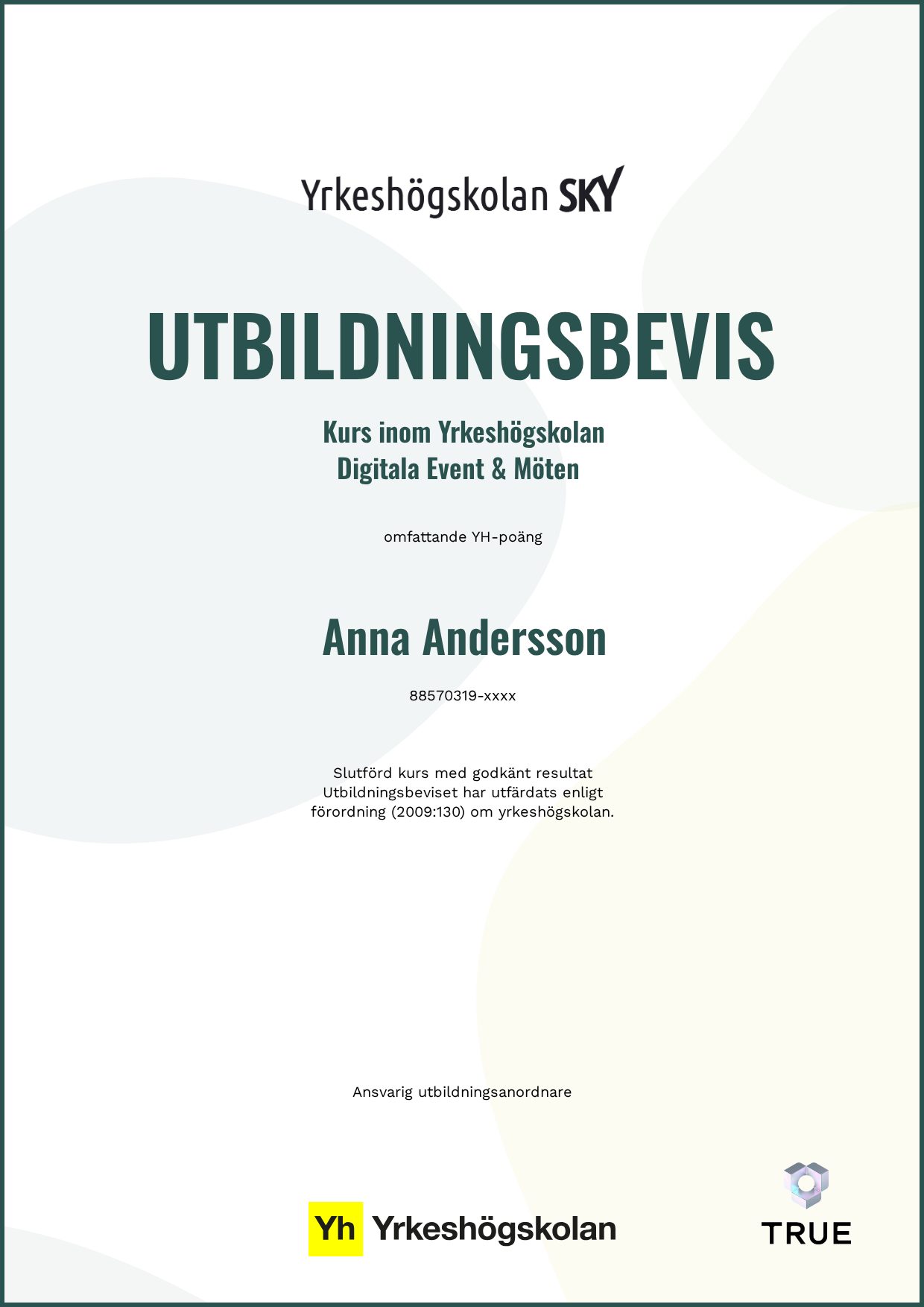 Exempel: diplom för Digitala Event & Möten från Yrkeshögskolan SKY