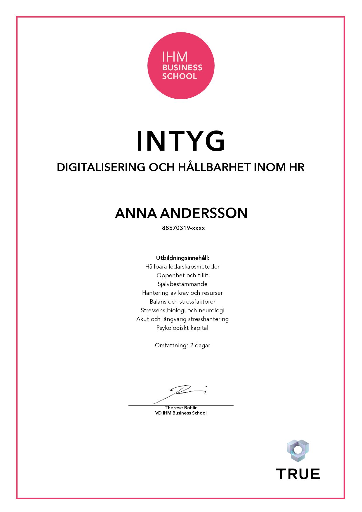 Exempel: diplom för Digitalisering och hållbarhet inom HR från IHM Business School