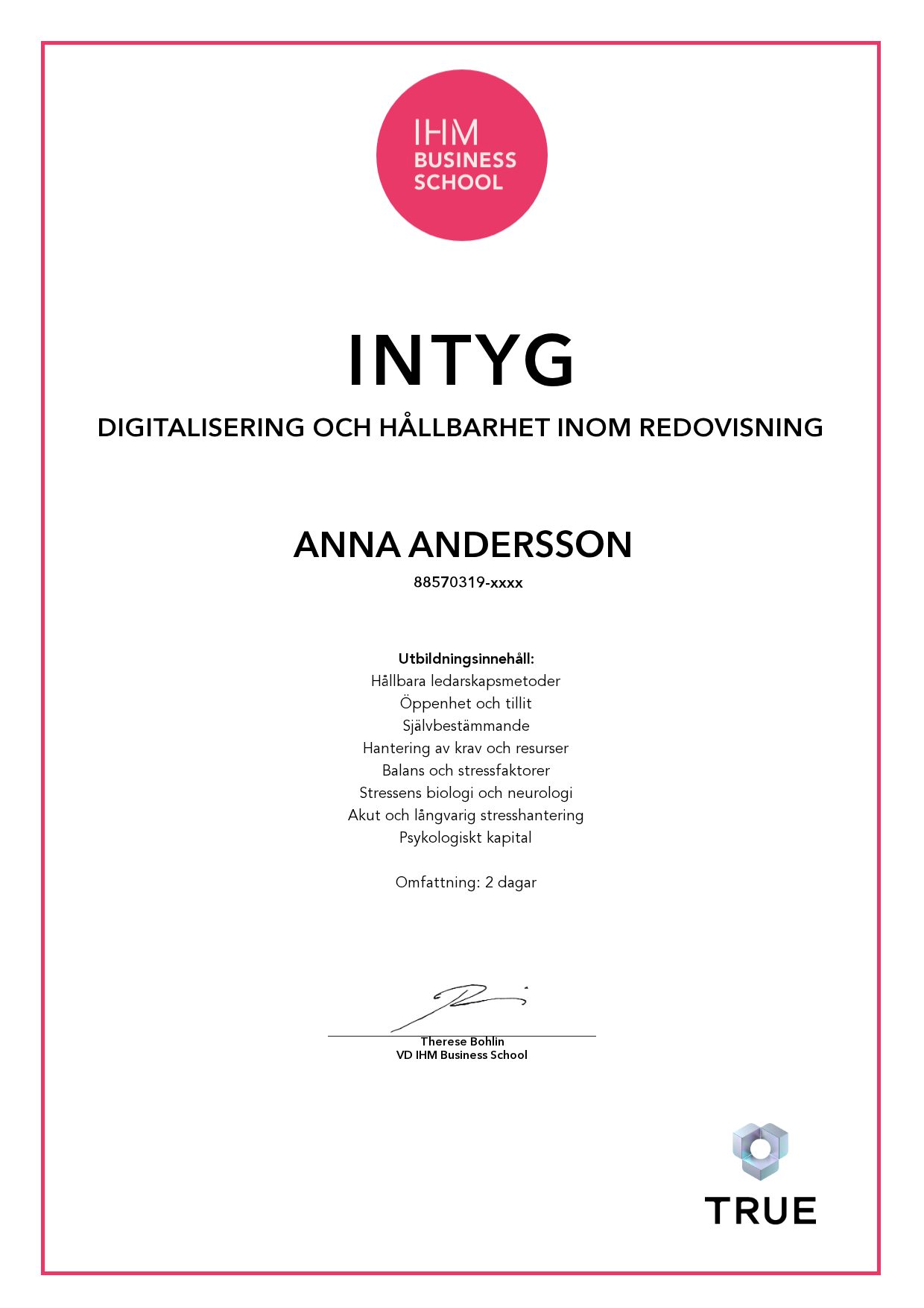 Exempel: diplom för Digitalisering och hållbarhet inom redovisning från IHM Business School