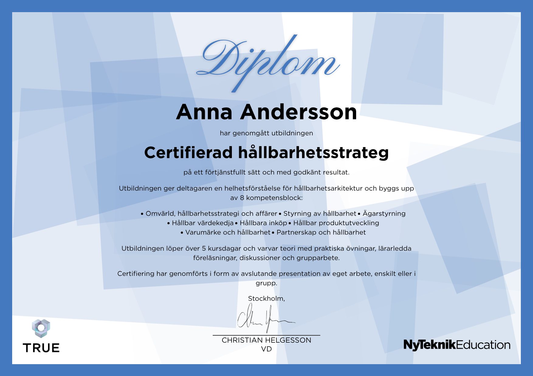 Example certificate for Artificiell Intelligens inom Digitala Tvillingar from Ny Teknik Education