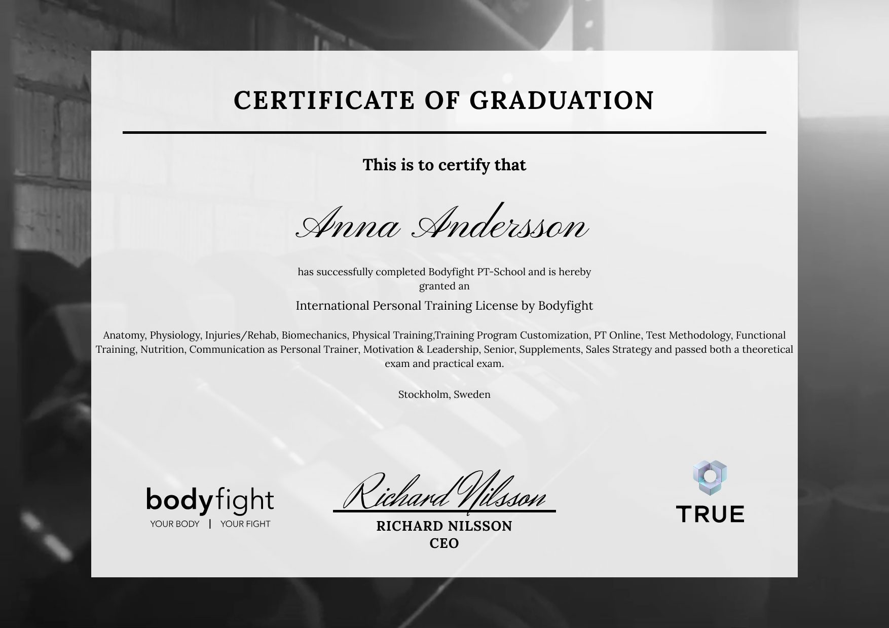 Example certificate for Graduation Diploma in Sports Massage from Body Fight Sverige