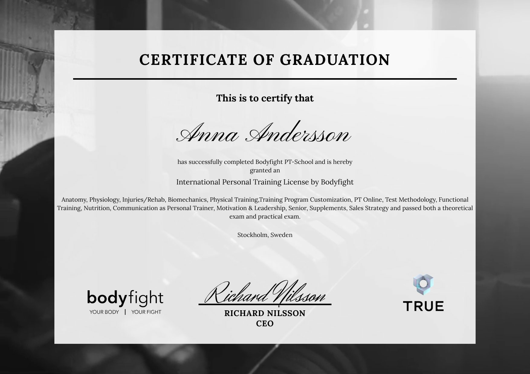 Exempel: diplom för Nutritionist by Bodyfight från Body Fight Sverige