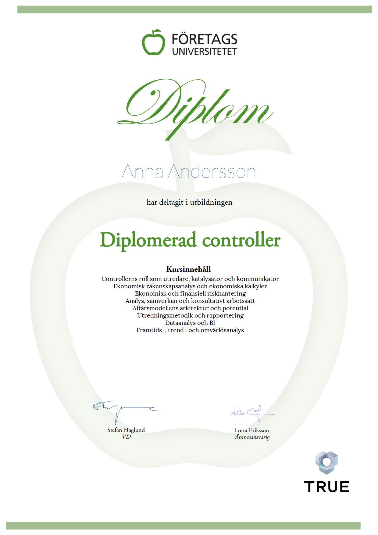 Exempel: diplom för Diplomerad controller från Företagsuniversitetet
