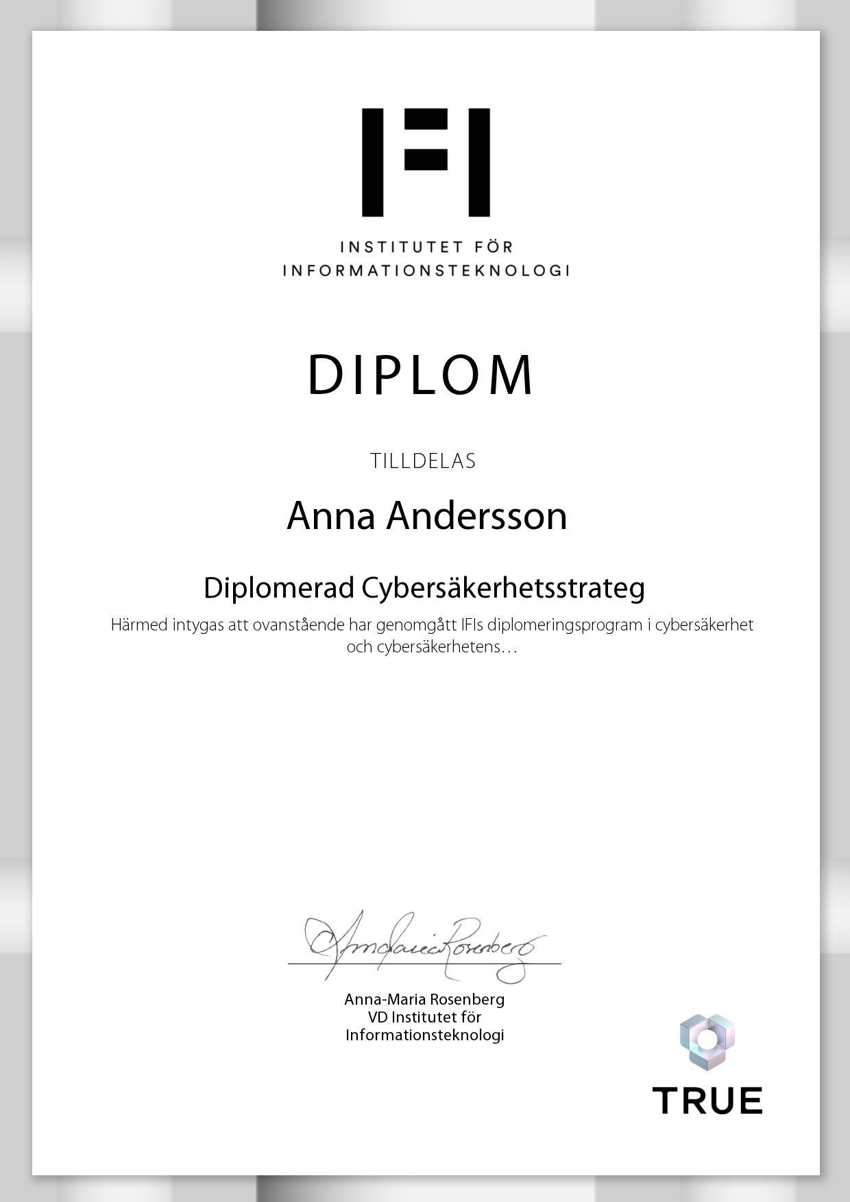 Exempel: diplom för Diplomerad Cybersäkerhetsstrateg från IFI AB