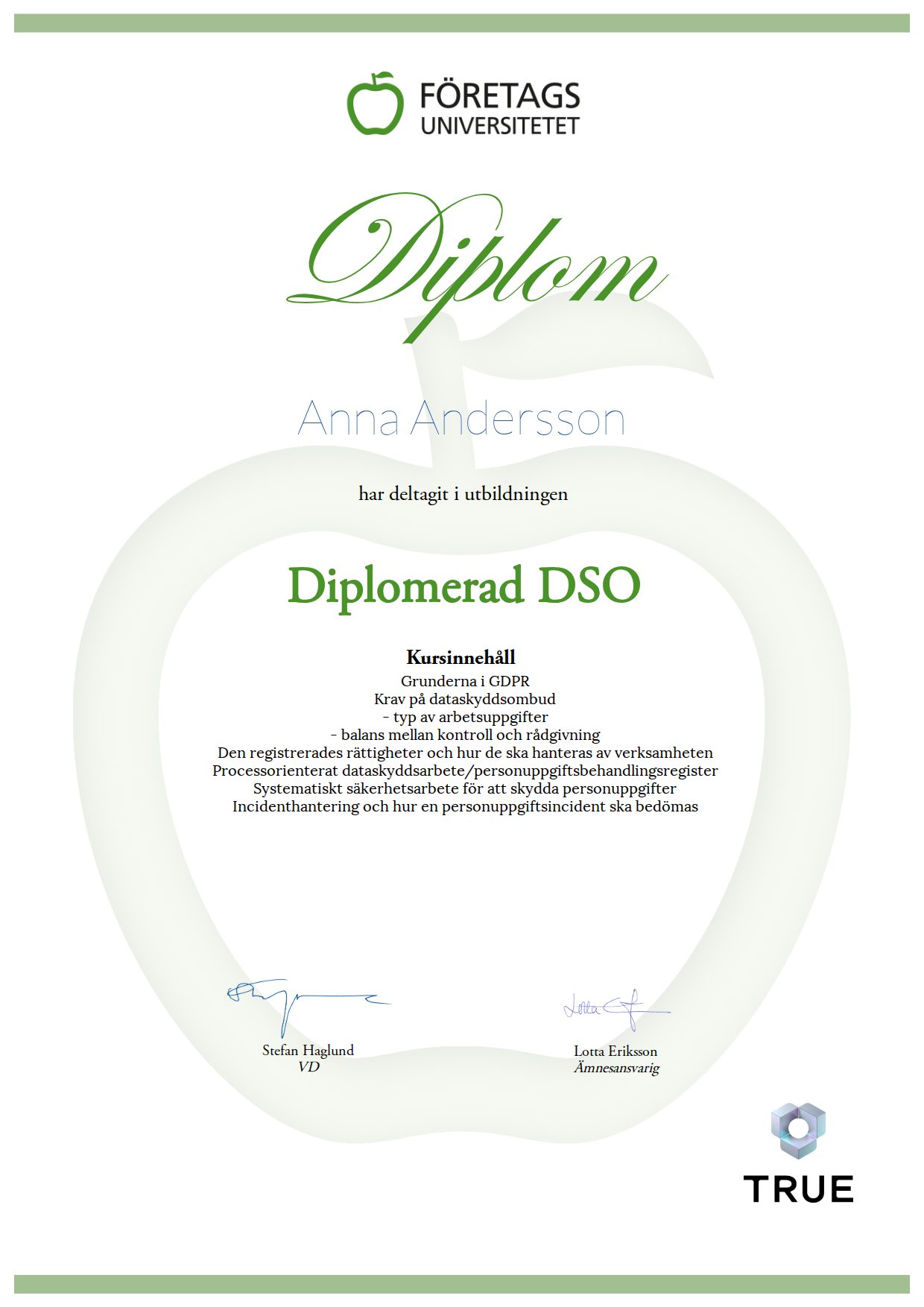 Exempel: diplom för Diplomerad DSO från Företagsuniversitetet