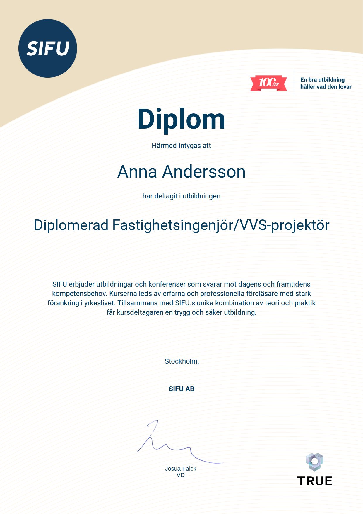 Exempel: diplom för Diplomerad Fastighetsingenjör/VVS-projektör från SIFU AB