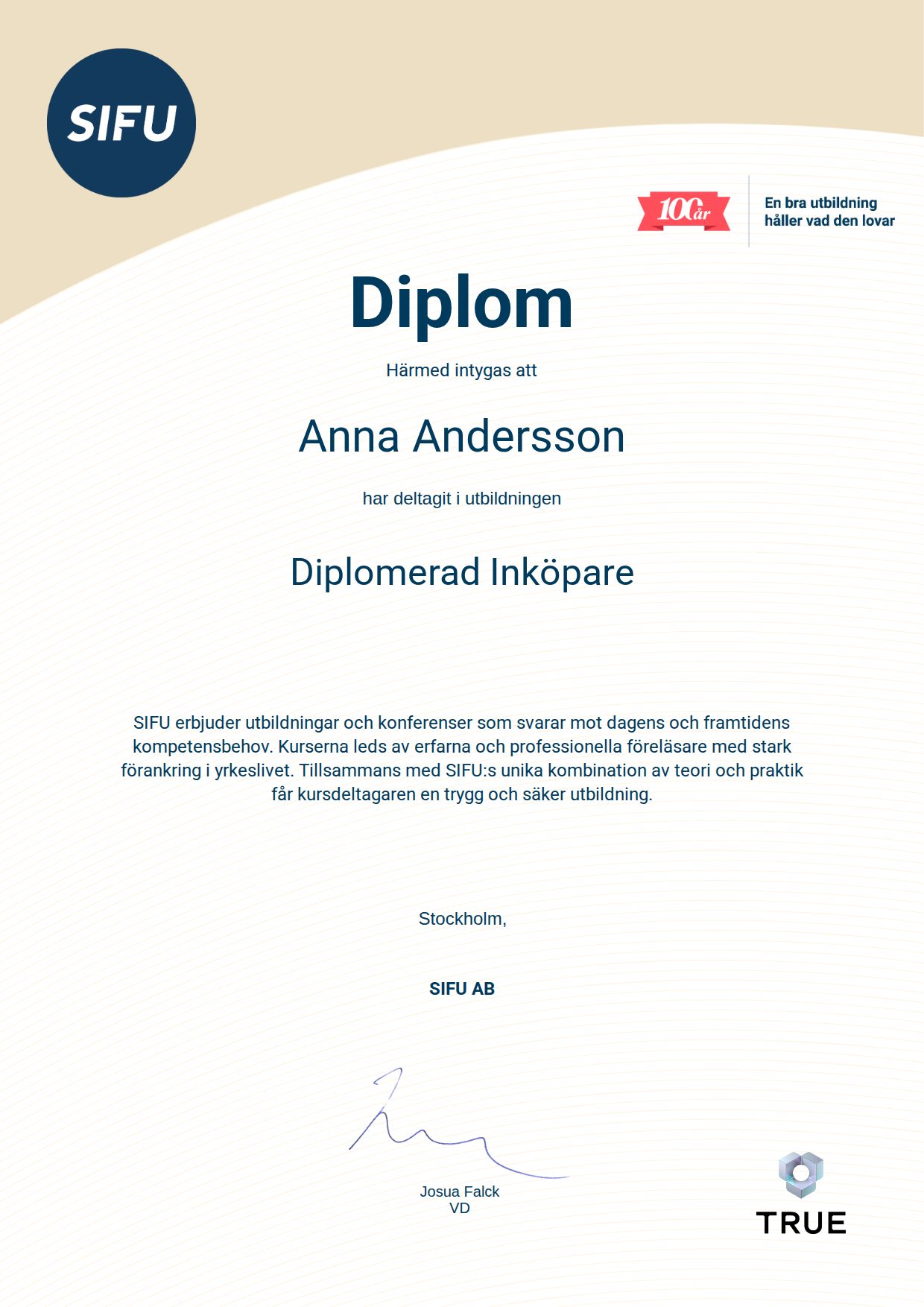 Example certificate for Diplomerad Inköpare from SIFU AB