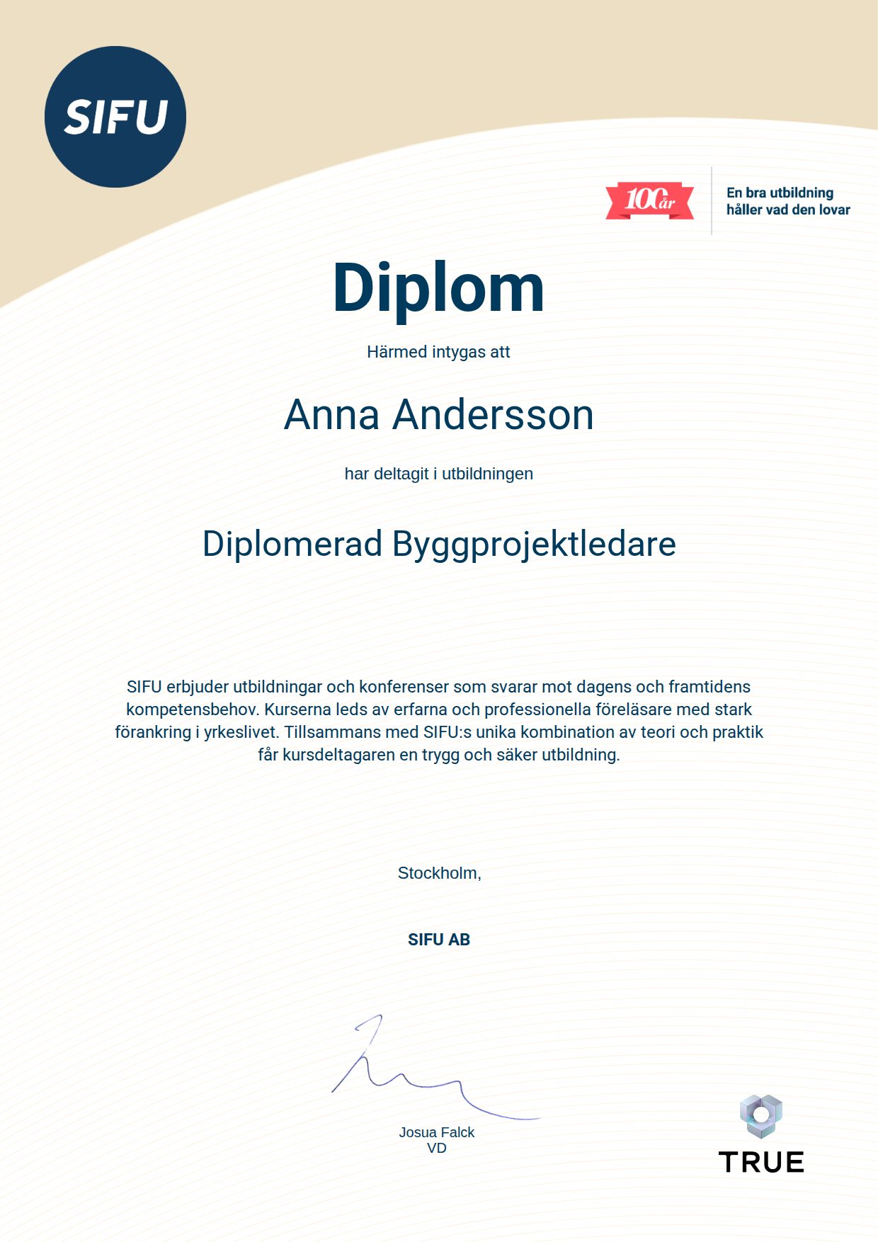 Exempel: diplom för Diplomerad Byggprojektledare från SIFU AB