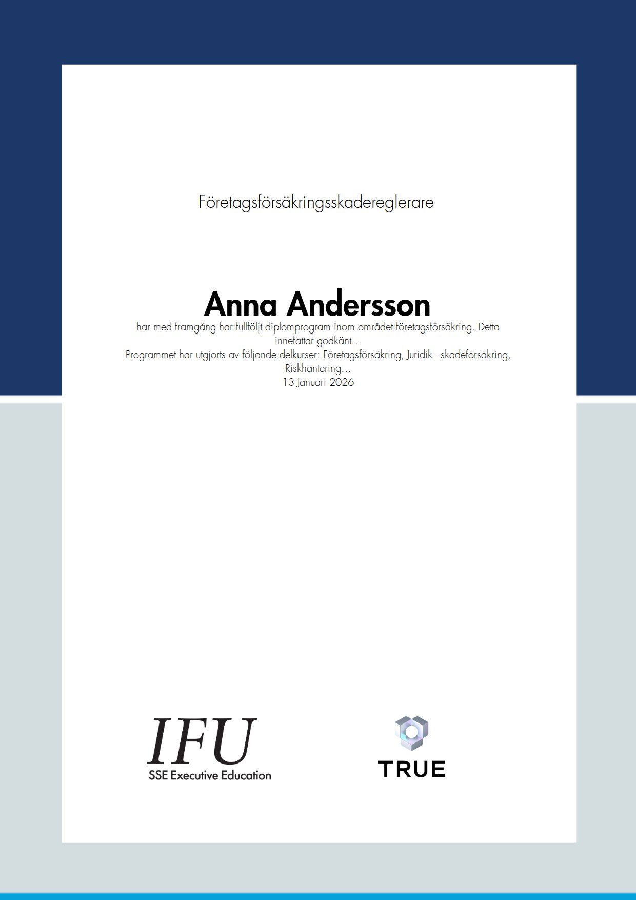 Example certificate for Företagsförsäkringsskadereglerare from SSE - Handelshögskolan Executive Education
