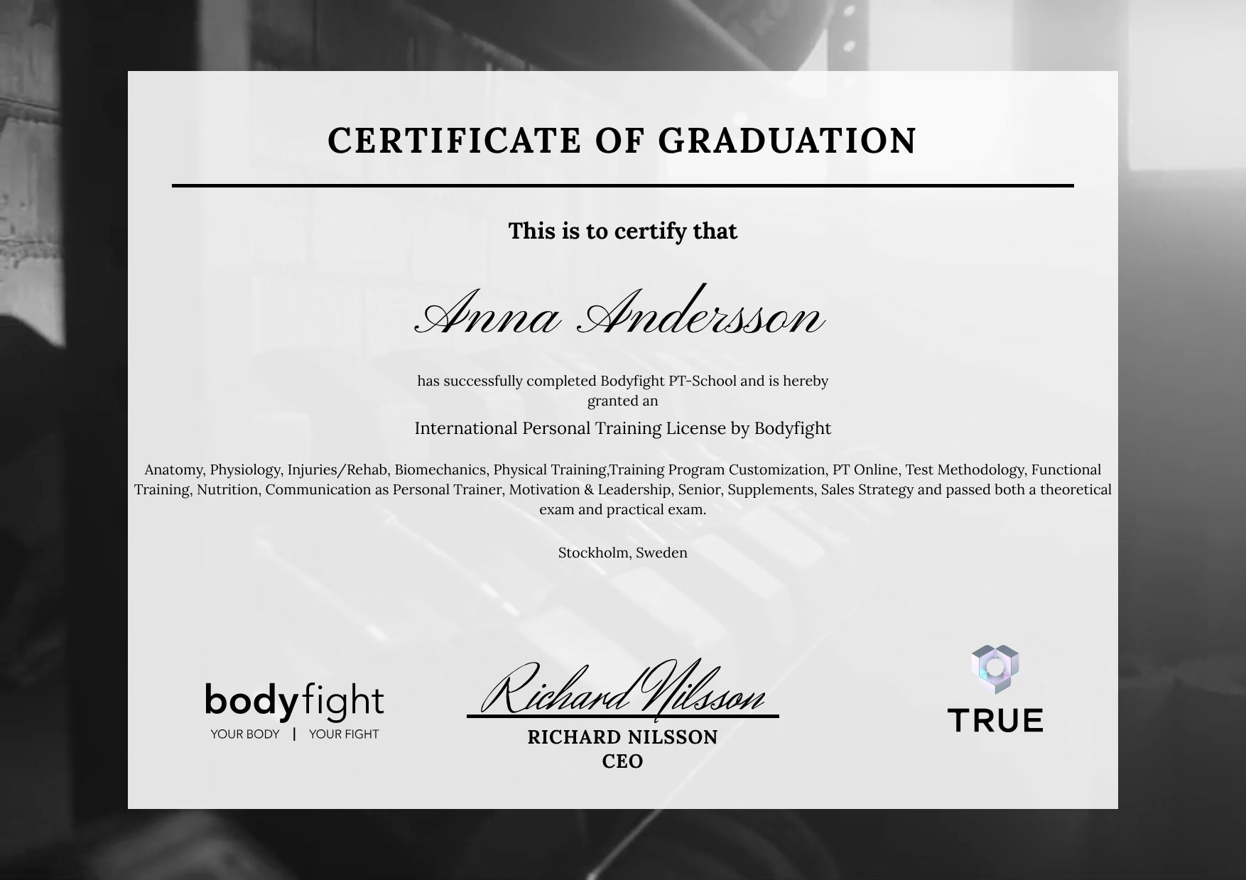 Exempel: diplom för Diplomerad Fystränare by Bodyfight från Body Fight Sverige