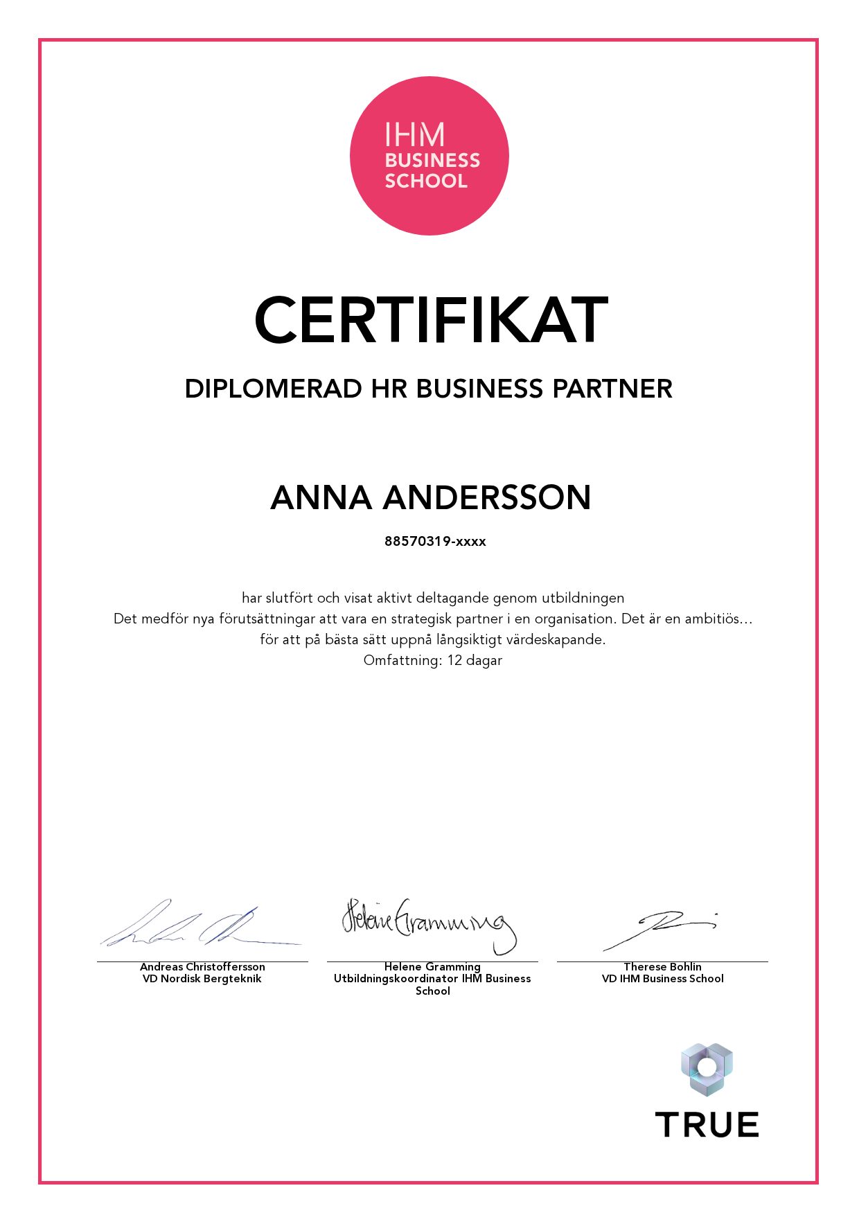 Exempel: diplom för Diplomerad HR Business Partner från IHM Business School
