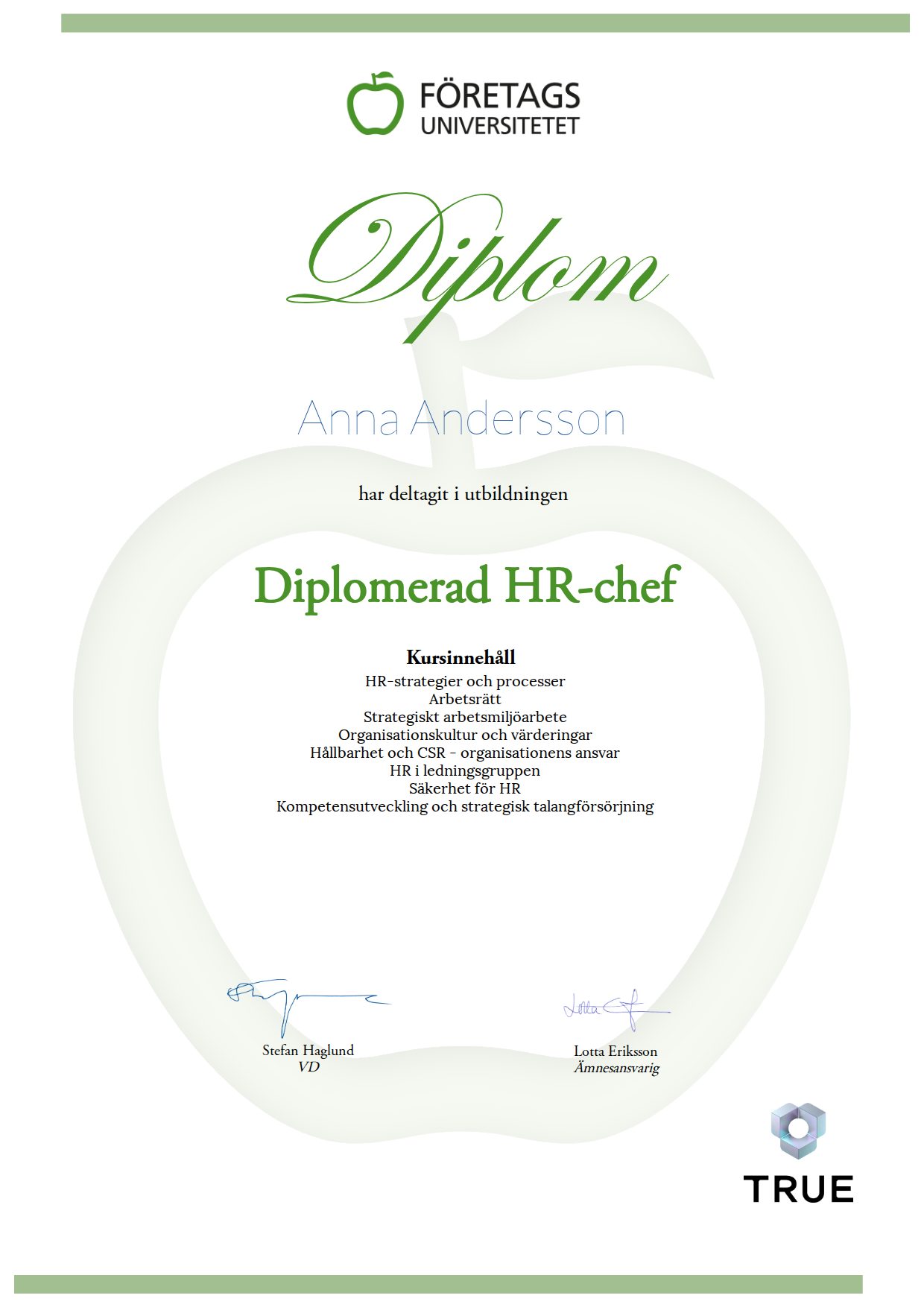 Exempel: diplom för Diplomerad HR-chef från Företagsuniversitetet