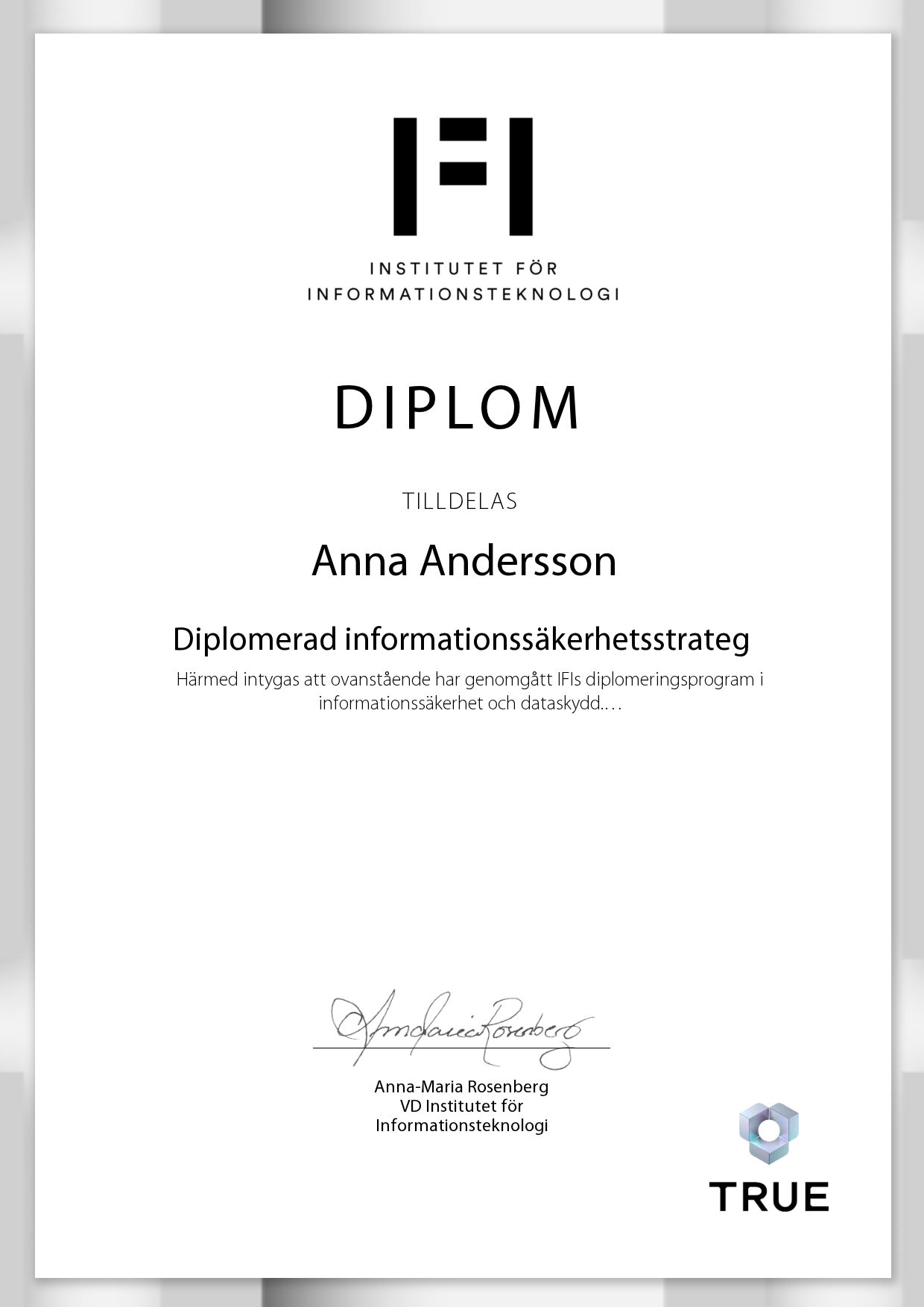 Exempel: diplom för Diplomerad informationssäkerhetsstrateg från IFI AB