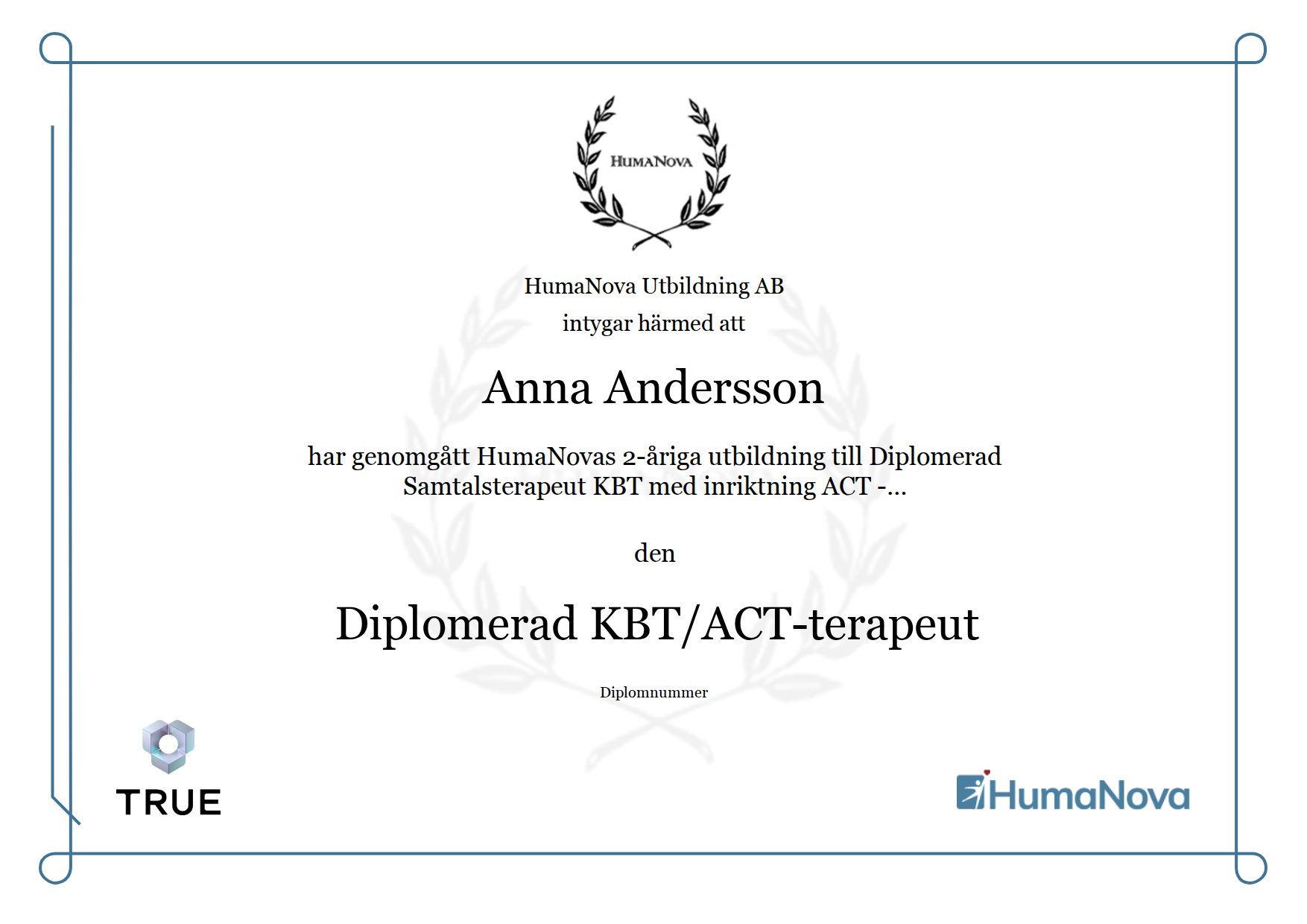 Exempel: diplom för Diplomerad KBT/ACT-terapeut från Humanova Utbildning