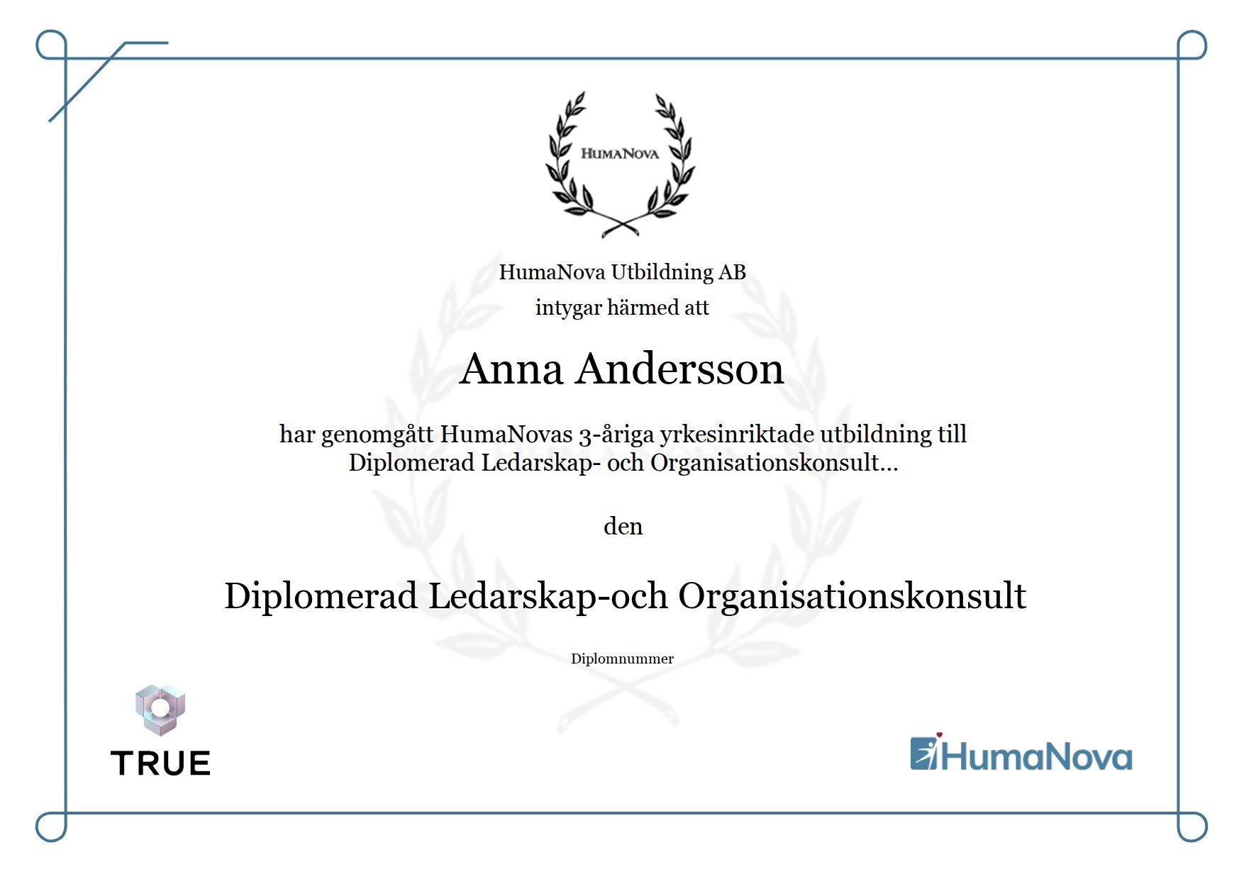 Example certificate for Diplomerad Ledarskap-och Organisationskonsult from Humanova Utbildning