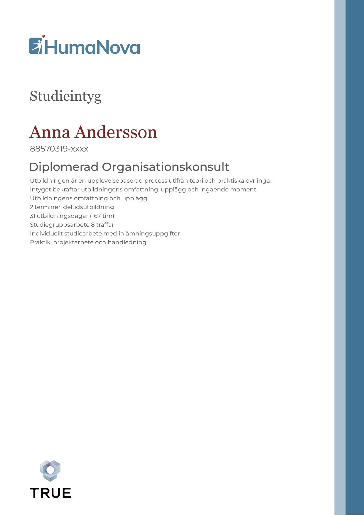 Example certificate for Diplomerad Organisationskonsult from Humanova Utbildning
