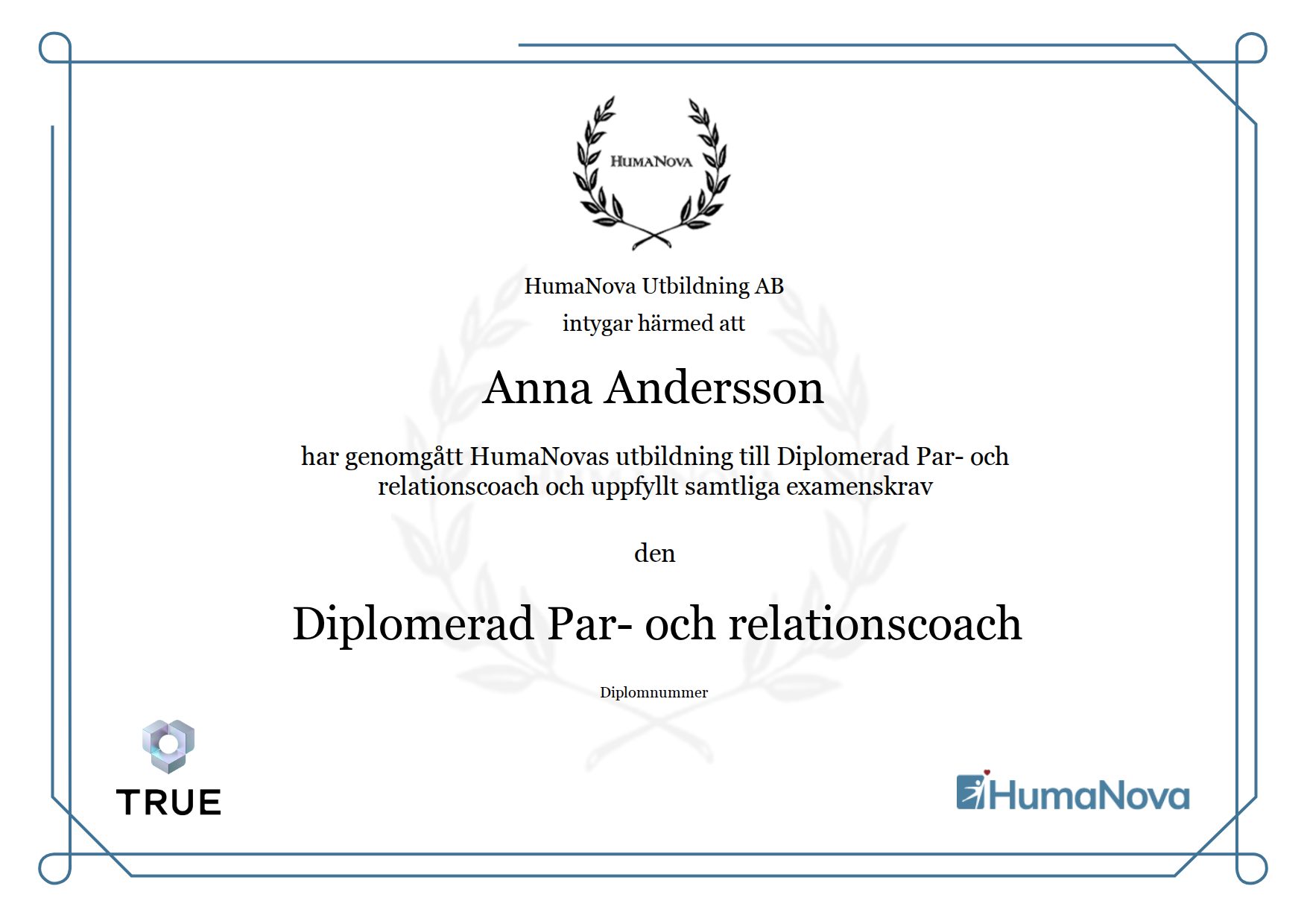 Example certificate for Diplomerad Par- och relationscoach from Humanova Utbildning