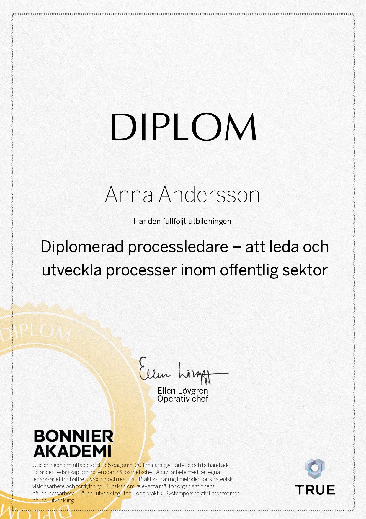 Example certificate for Diplomerad processledare – att leda och utveckla processer inom offentlig sektor from Bonnier Akademi