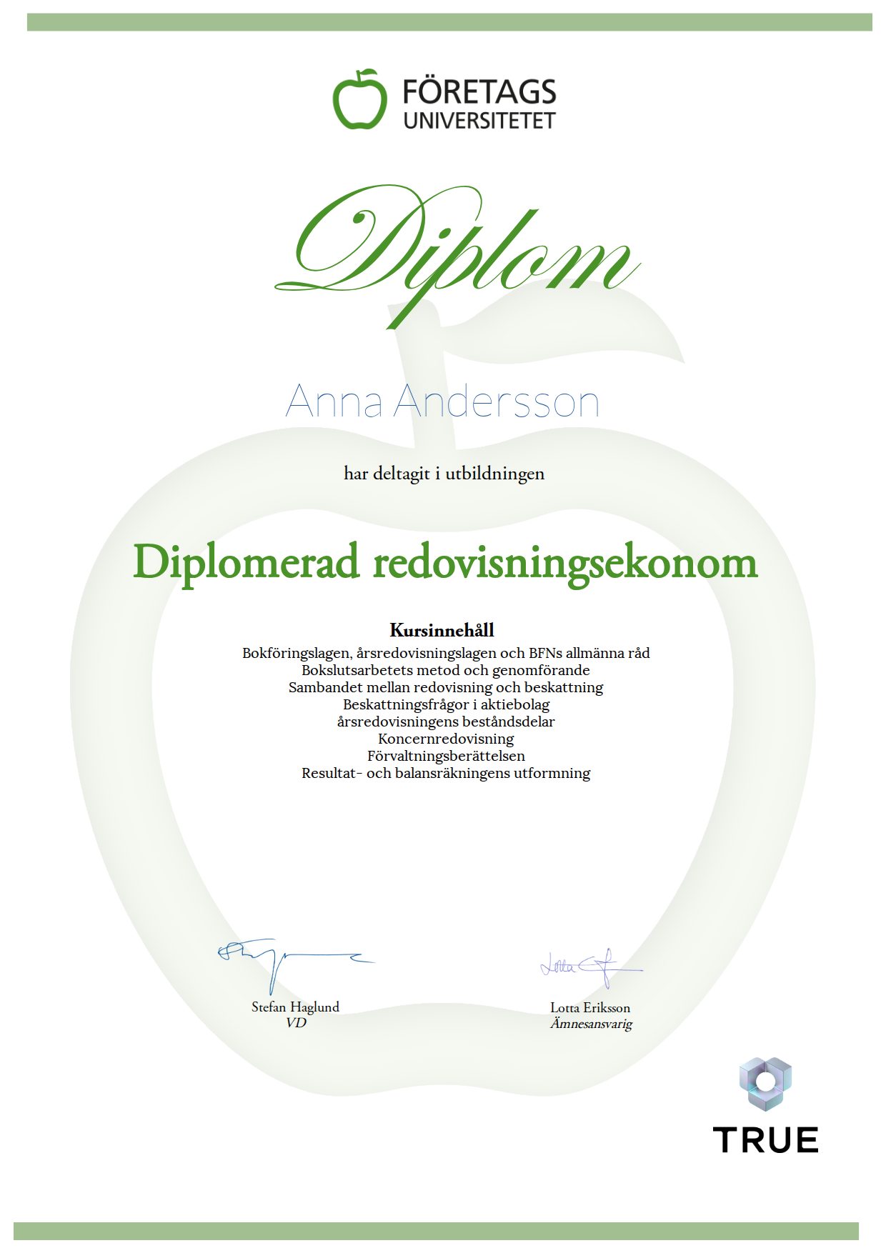 Exempel: diplom för Diplomerad redovisningsekonom från Företagsuniversitetet