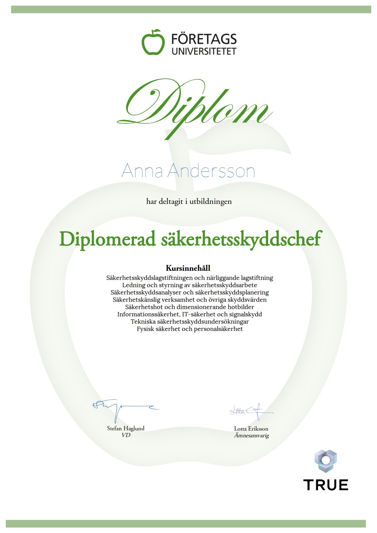 Exempel: diplom för Diplomerad säkerhetsskyddschef från Företagsuniversitetet