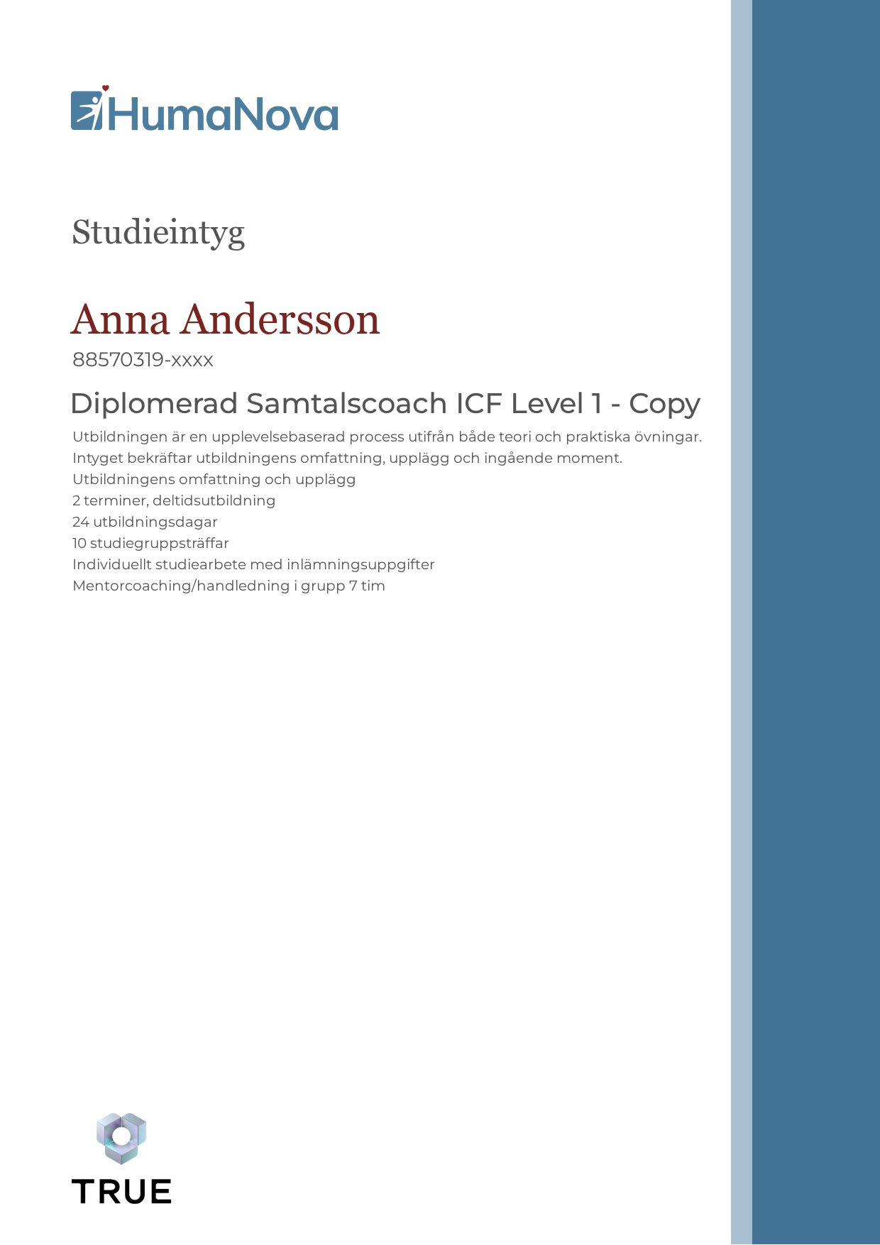 Example certificate for Diplomerad Samtalscoach ICF Level 1 - Copy from Humanova Utbildning