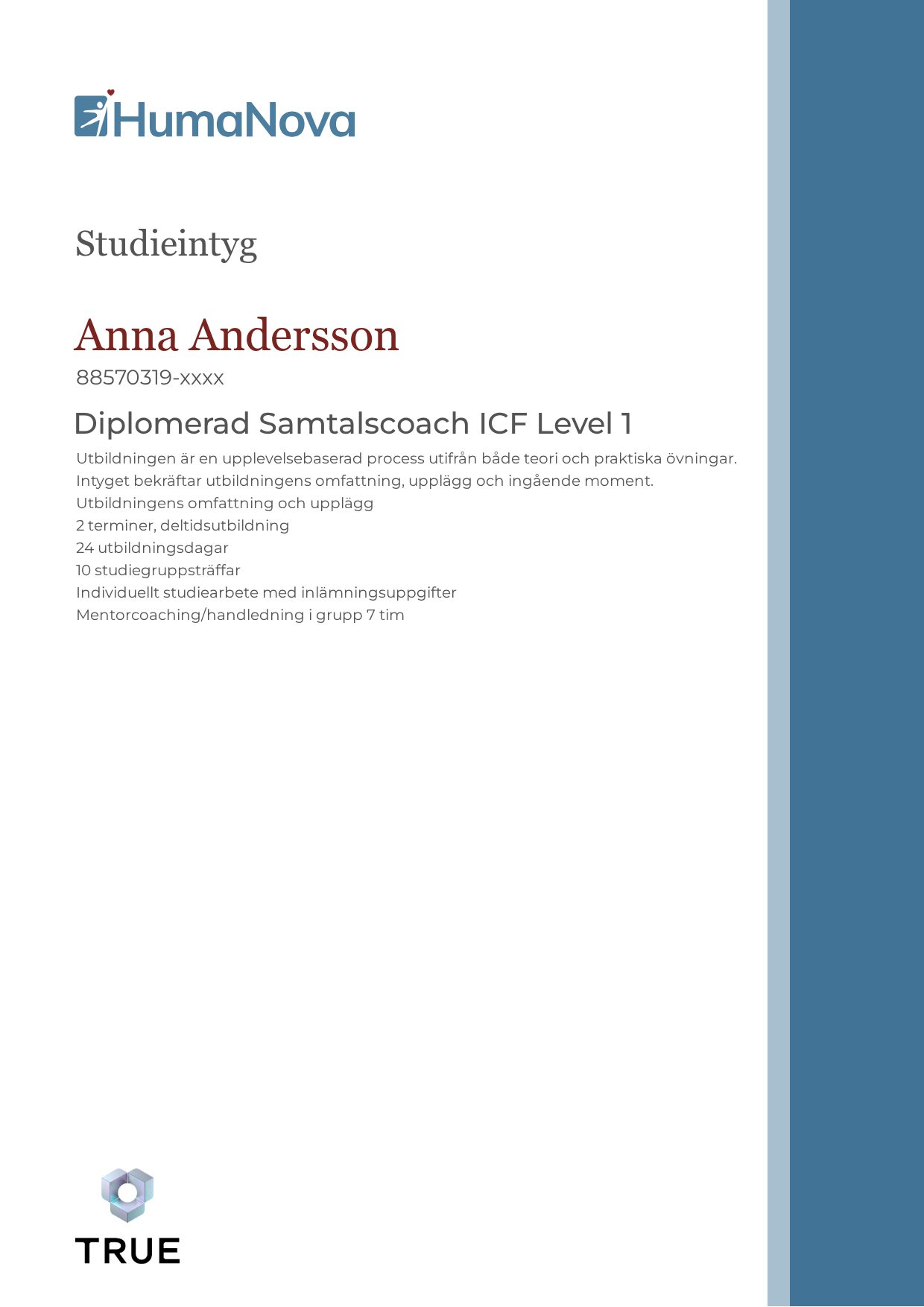 Example certificate for Diplomerad Samtalscoach ICF Level 1 from Humanova Utbildning