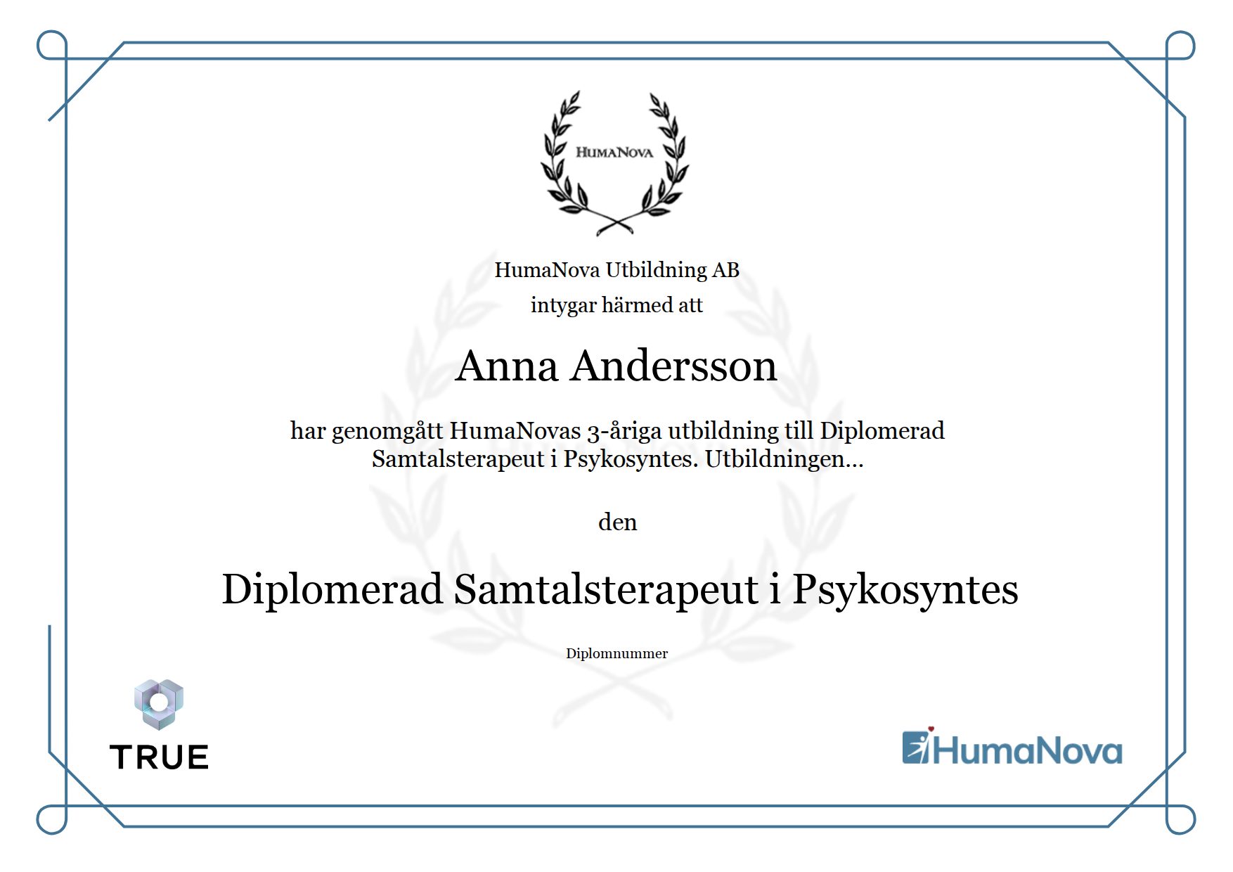 Exempel: diplom för Diplomerad Samtalsterapeut i Psykosyntes från Humanova Utbildning