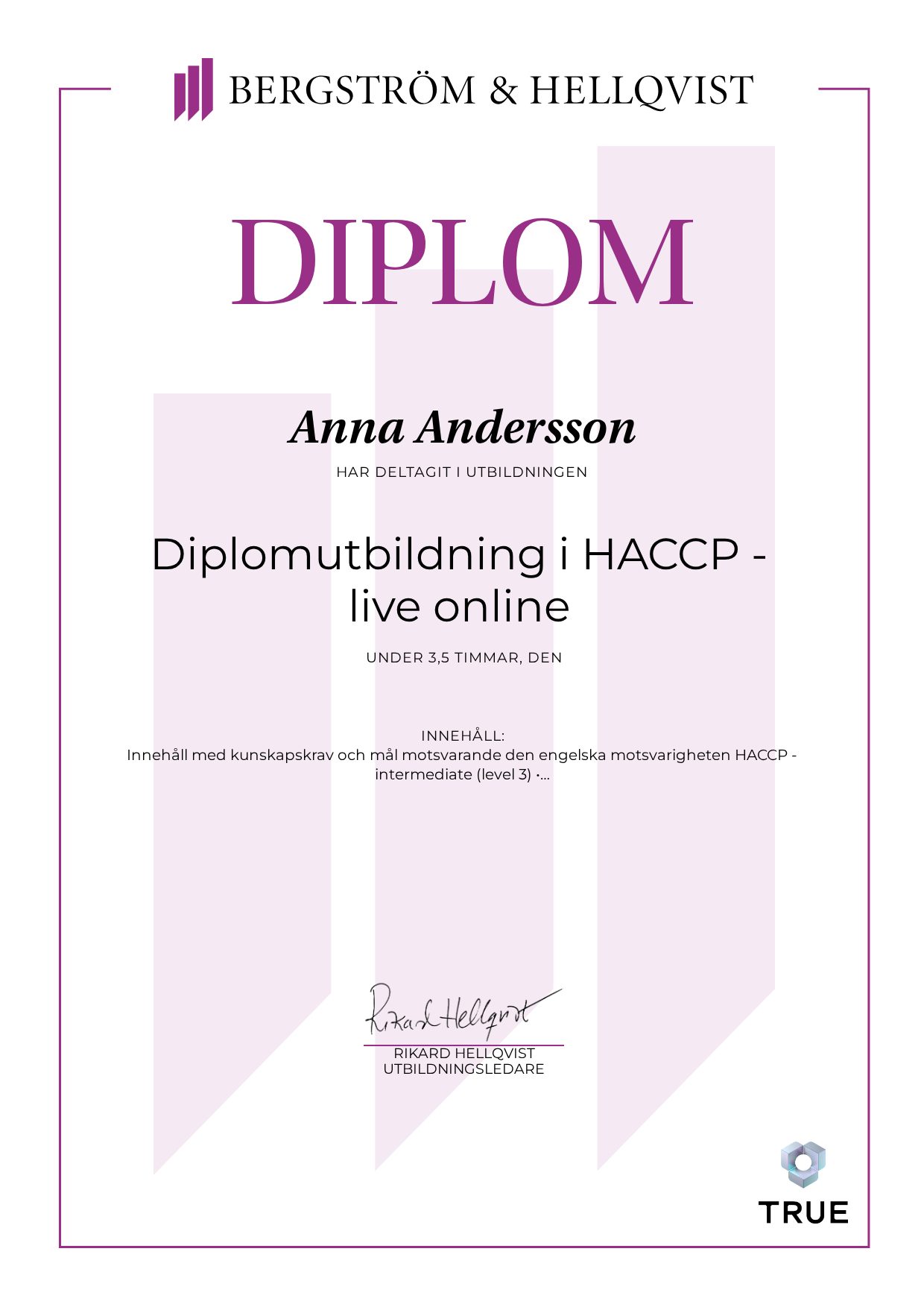 Example certificate for Diplomutbildning i HACCP - live online from Bergström & Hellqvist