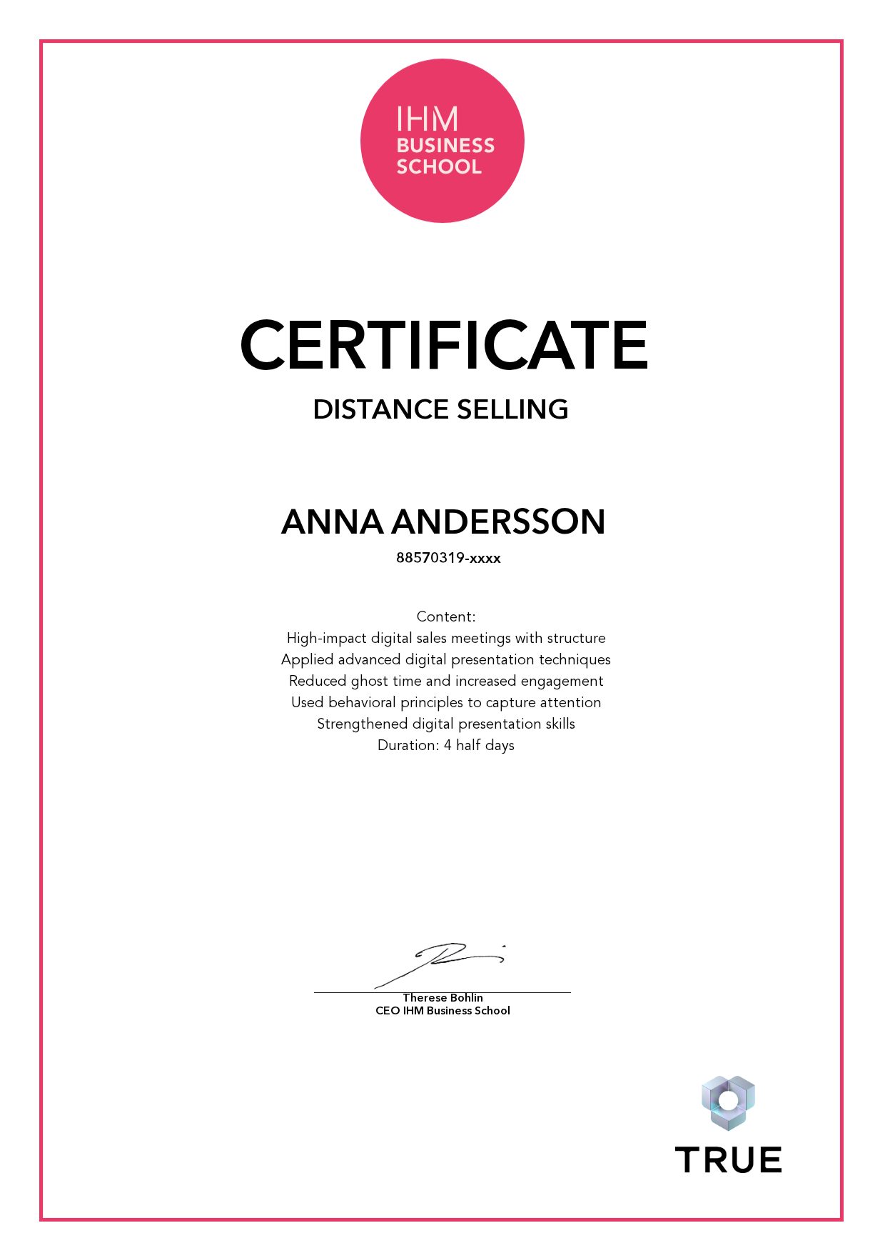 Exempel: diplom för Distance Selling från IHM Business School