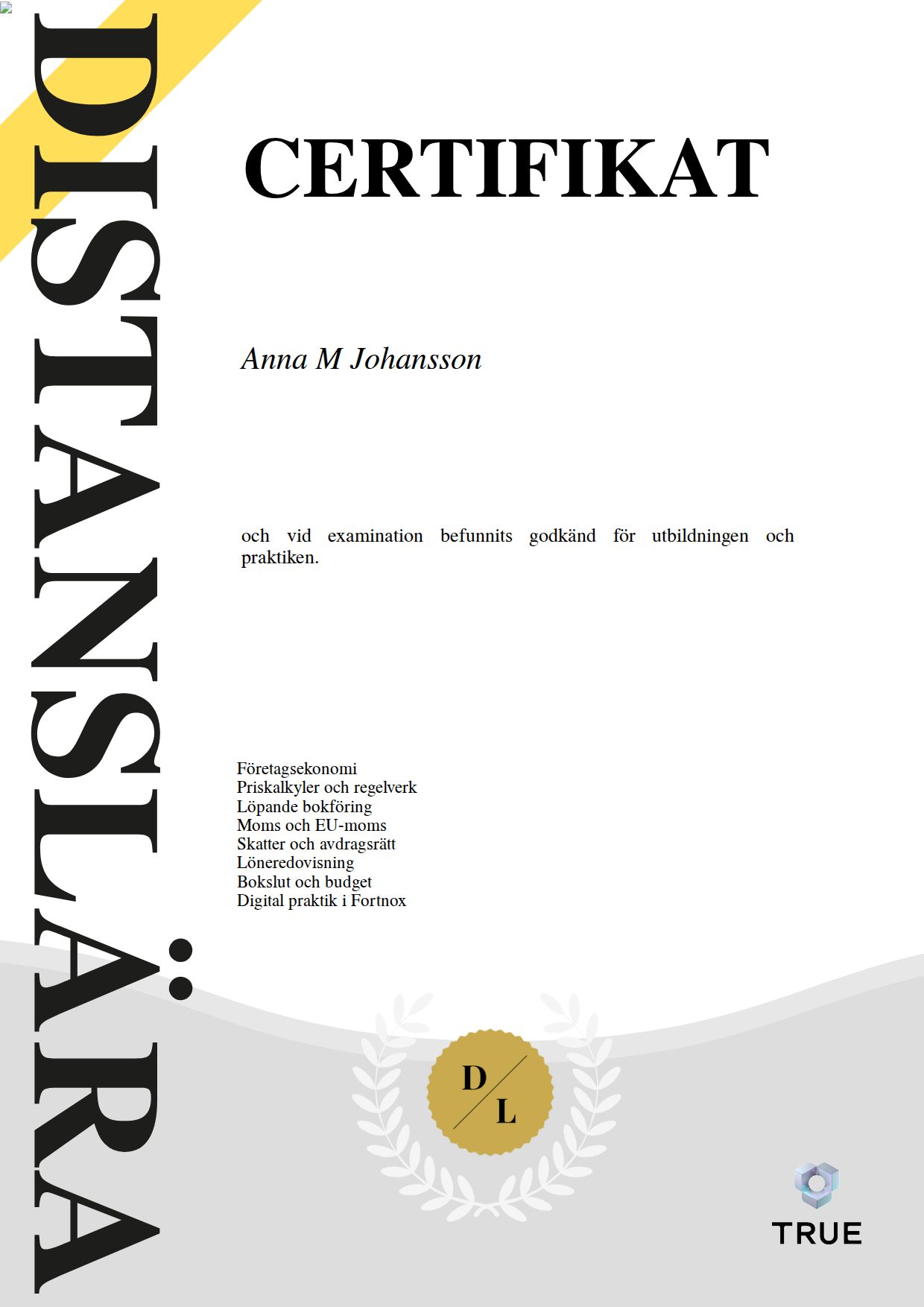 Example certificate for Redovisningsekonom from Distanslära