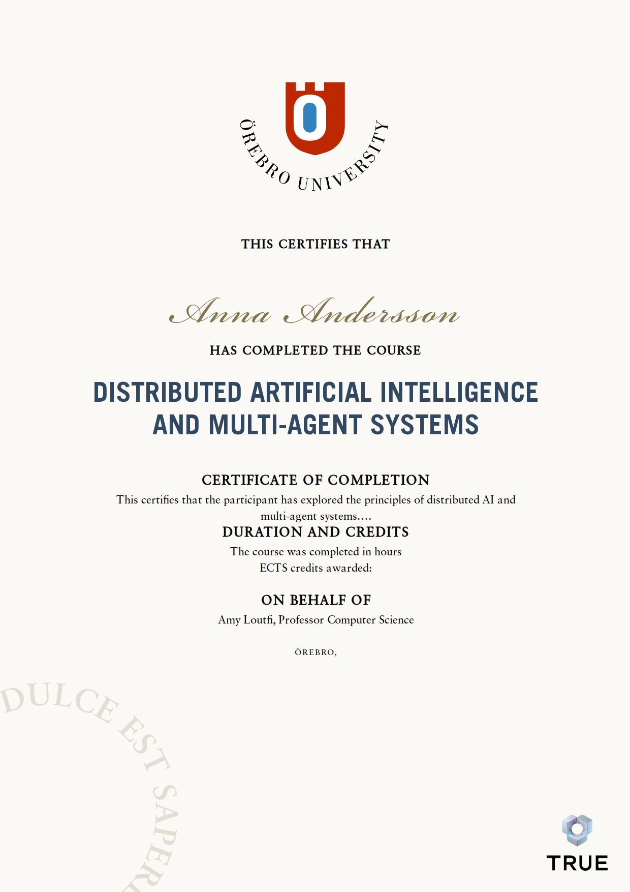 Example certificate for Distributed Artificial Intelligence and Multi-Agent Systems from Örebro universitet