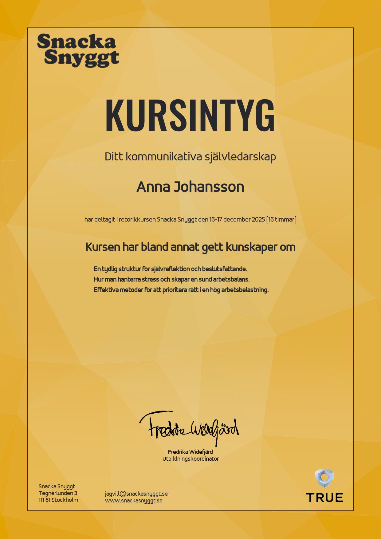 Exempel: diplom för Ditt kommunikativa självledarskap från Snacka Snyggt