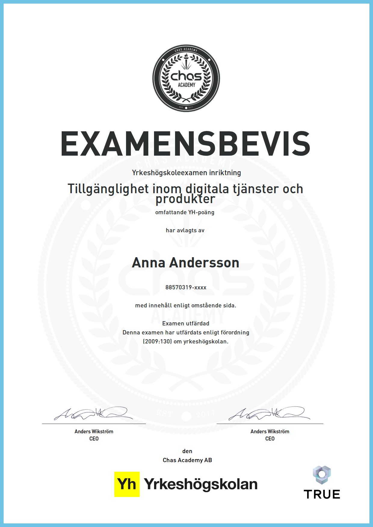 Example certificate for DevOps Engineer from Chas Academy AB
