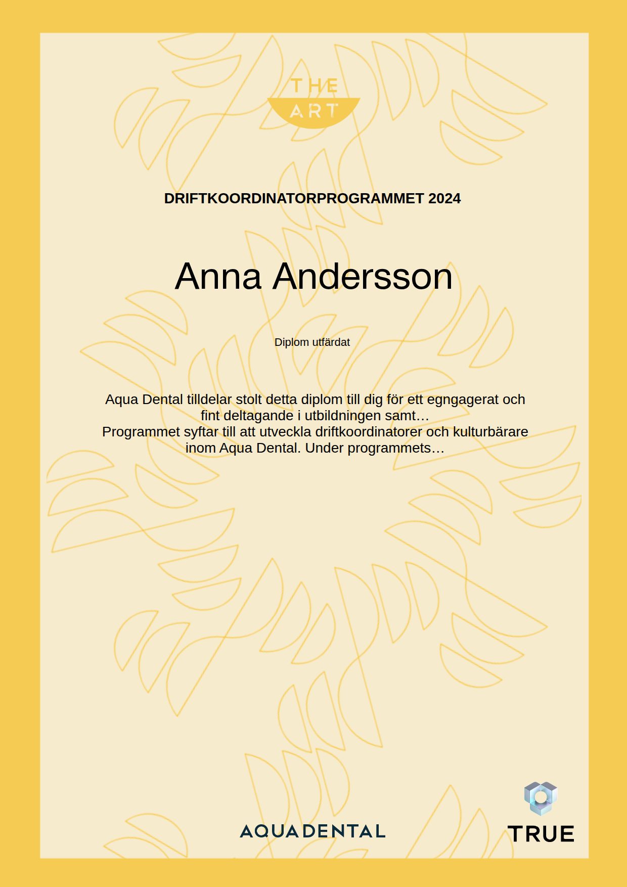 Exempel: diplom för Driftkoordinatorprogrammet 2024 från Aqua Dental