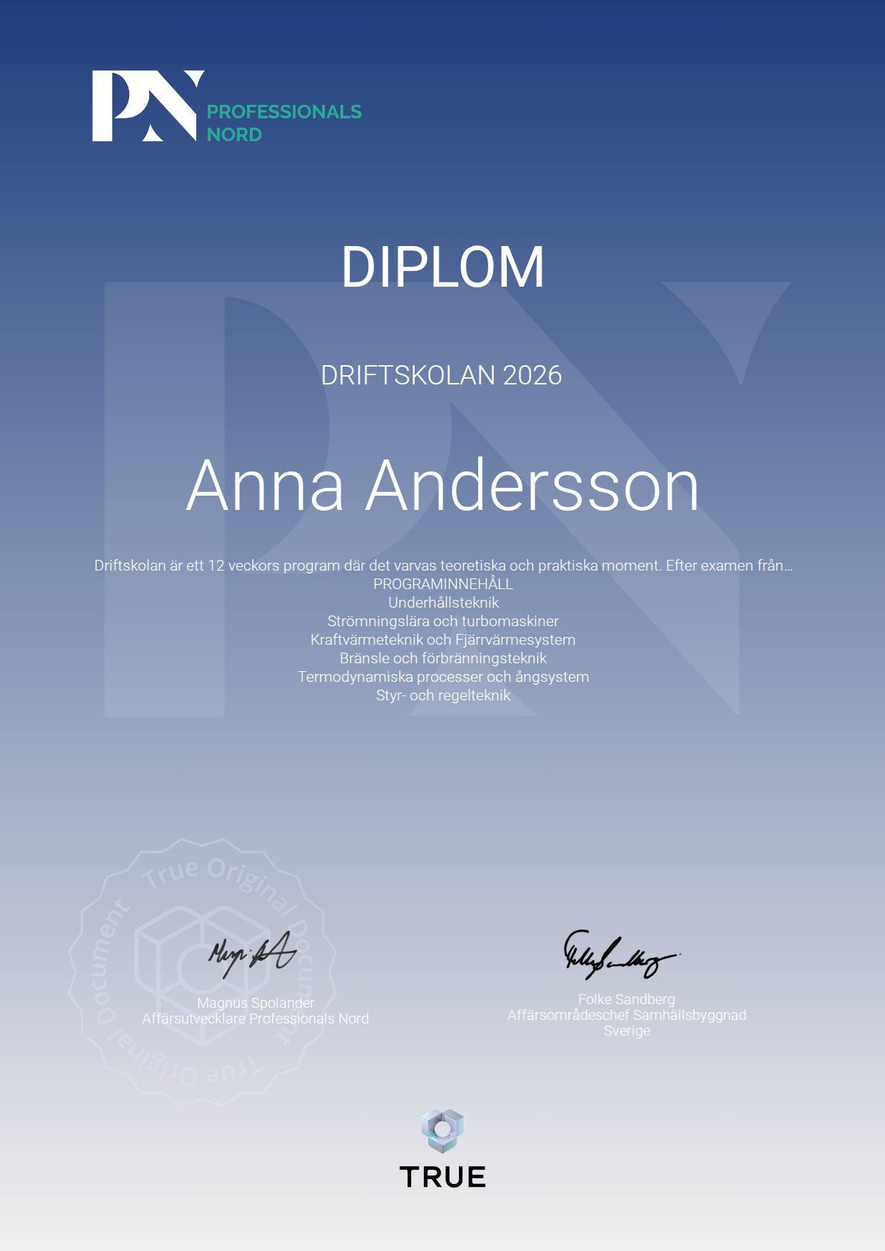Exempel: diplom för Driftskolan 2026 från Satellite Group / Professionals Nord