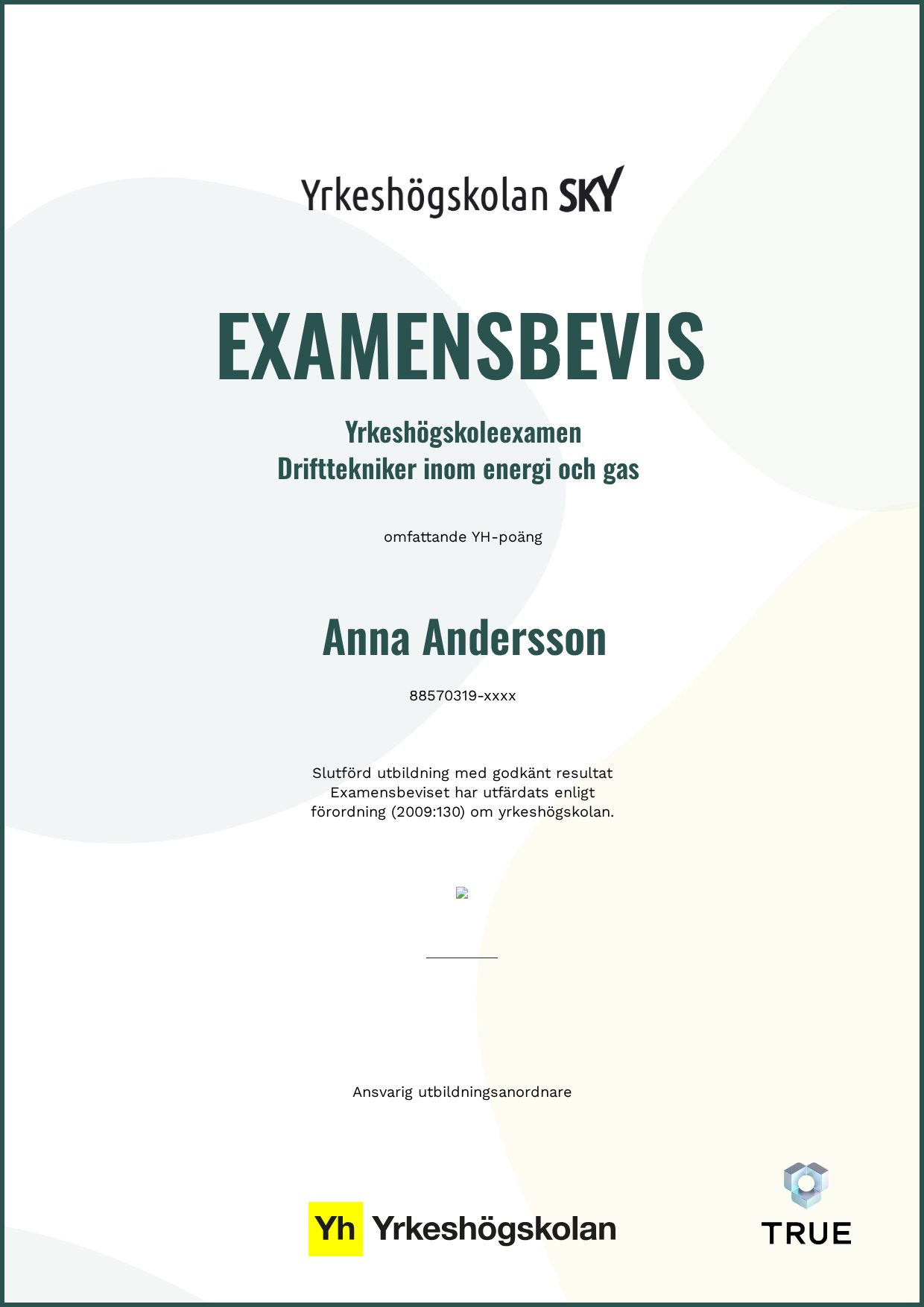 Exempel: diplom för Drifttekniker inom energi och gas från Yrkeshögskolan SKY