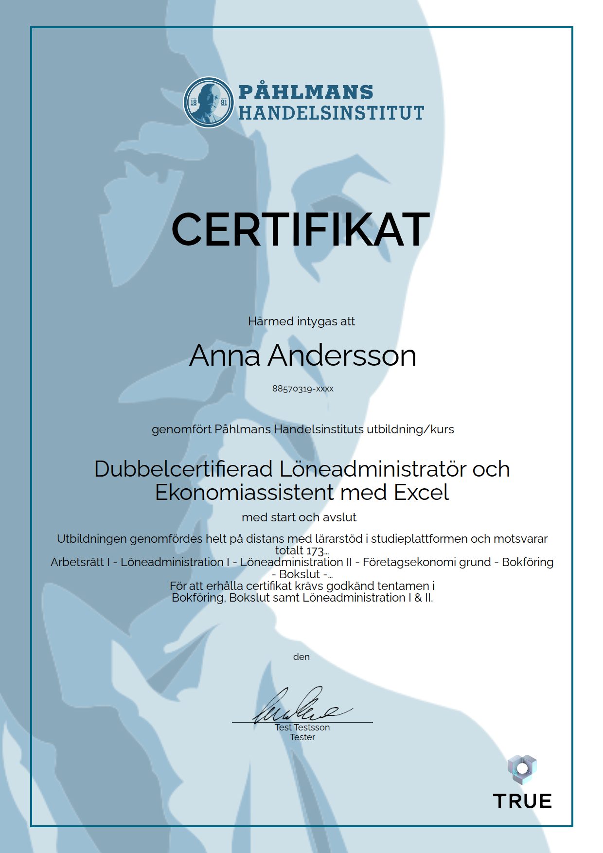 Example certificate for Dubbelcertifierad Löneadministratör och Ekonomiassistent med Excel from Medborgarskolan- Påhlmans