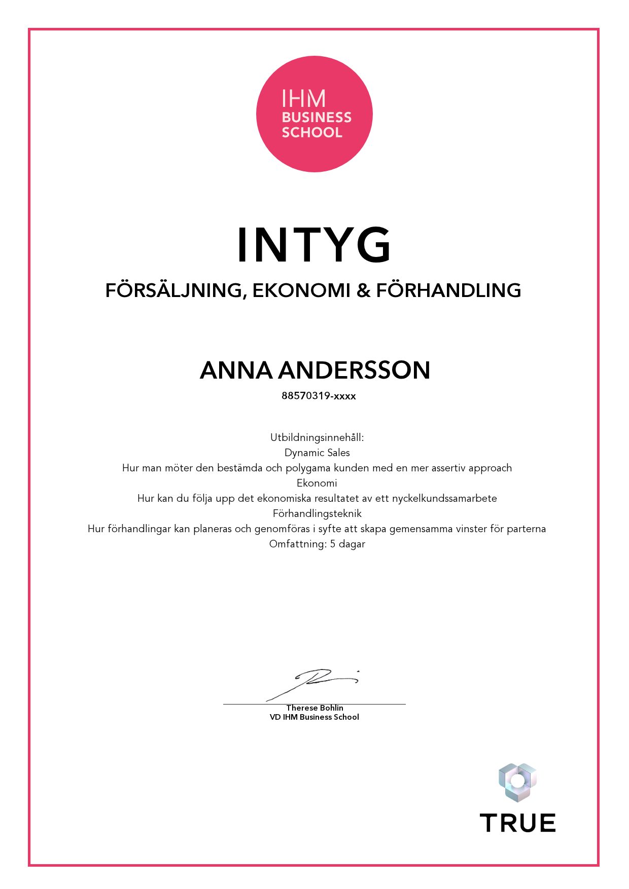 Example certificate for Försäljning, Ekonomi & Förhandling from IHM Business School