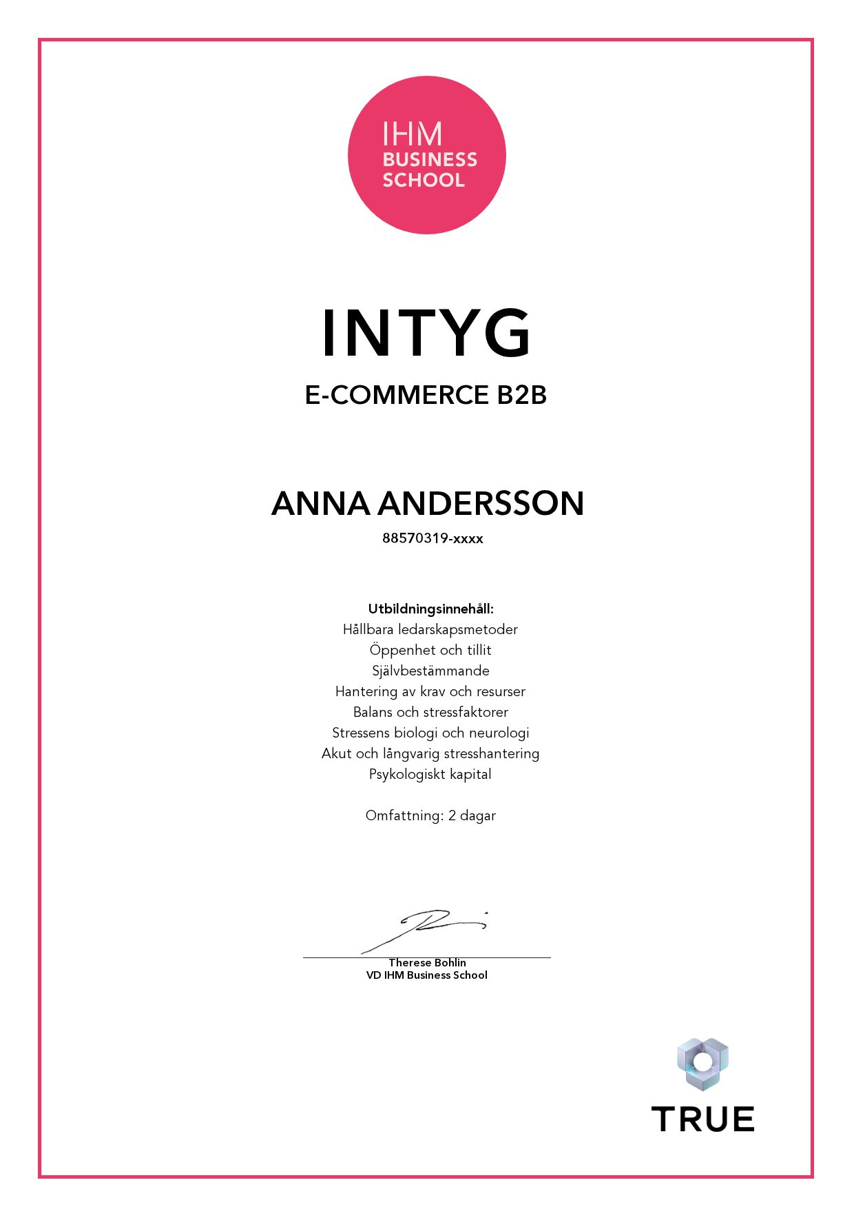 Exempel: diplom för E-Commerce B2B från IHM Business School