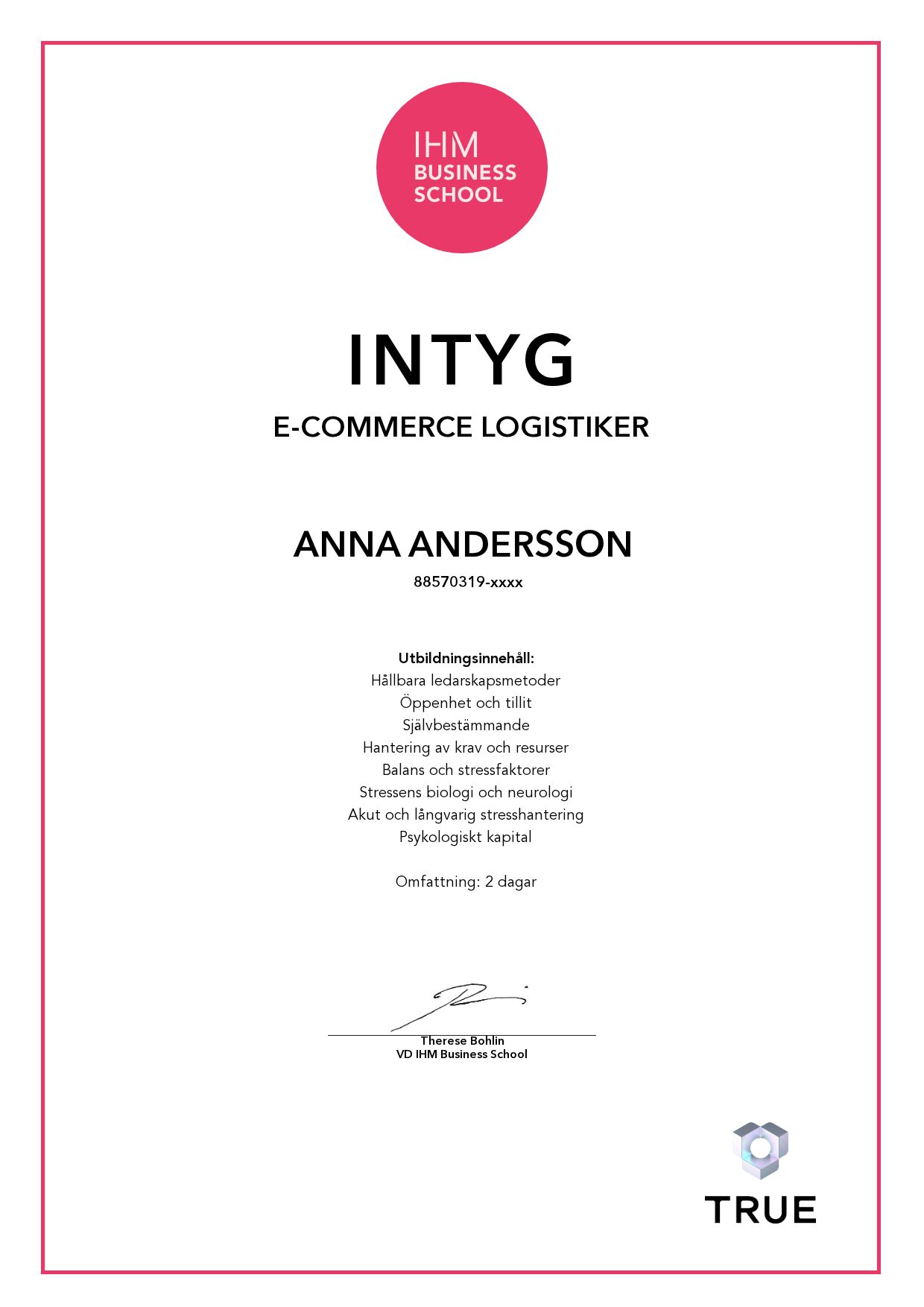 Exempel: diplom för E-Commerce Logistiker från IHM Business School
