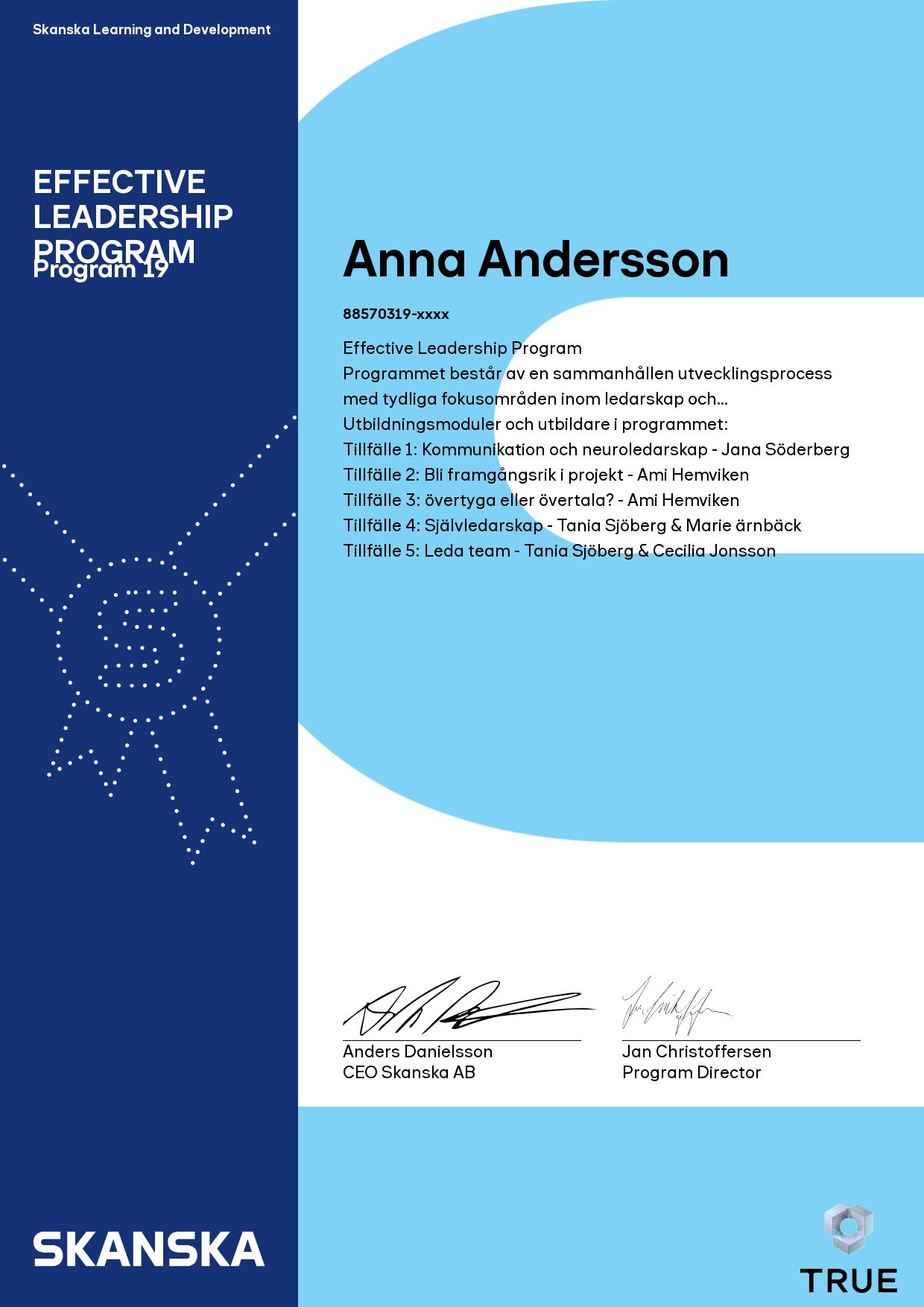 Example certificate for Effective Leadership Program from Skanska