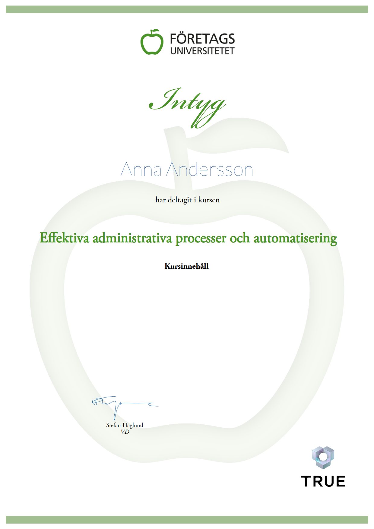Example certificate for Effektiva administrativa processer och automatisering from Företagsuniversitetet