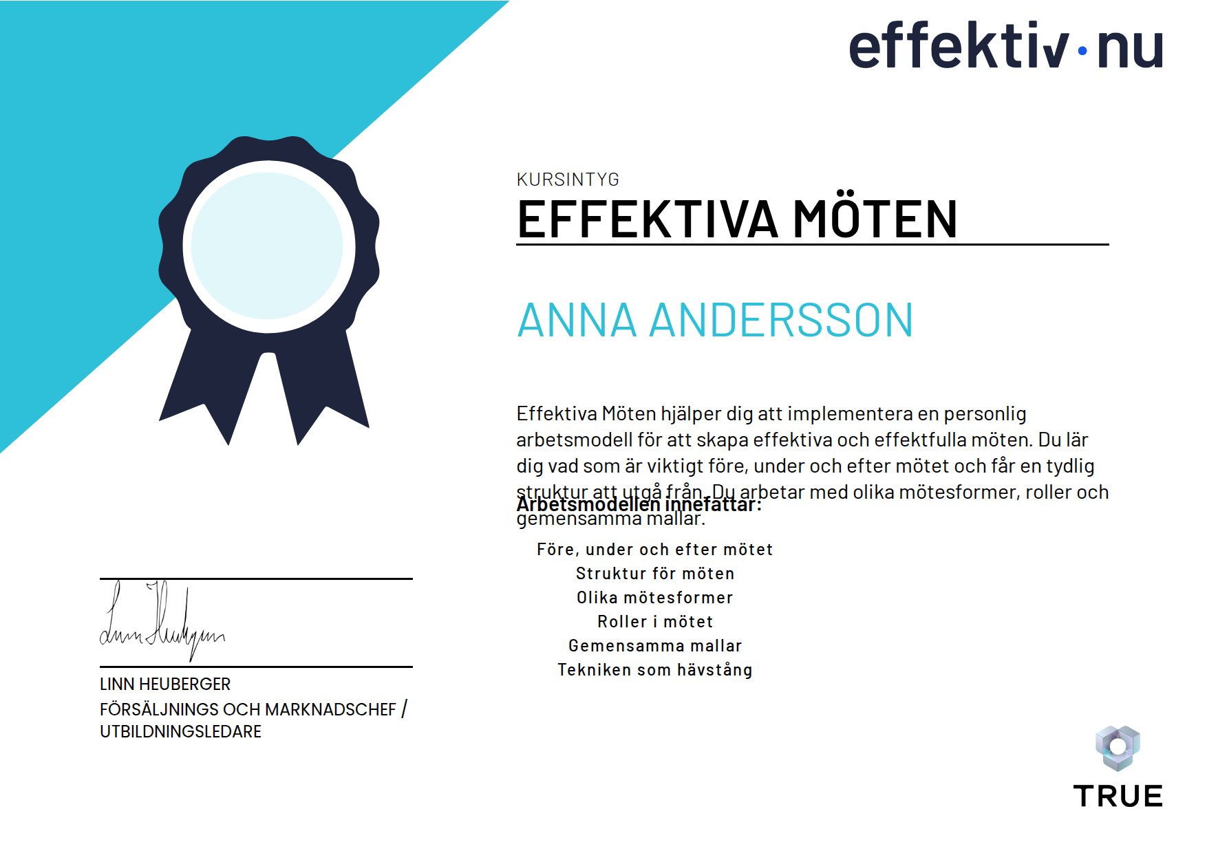 Exempel: diplom för Effektiva Möten från Effektiv nu